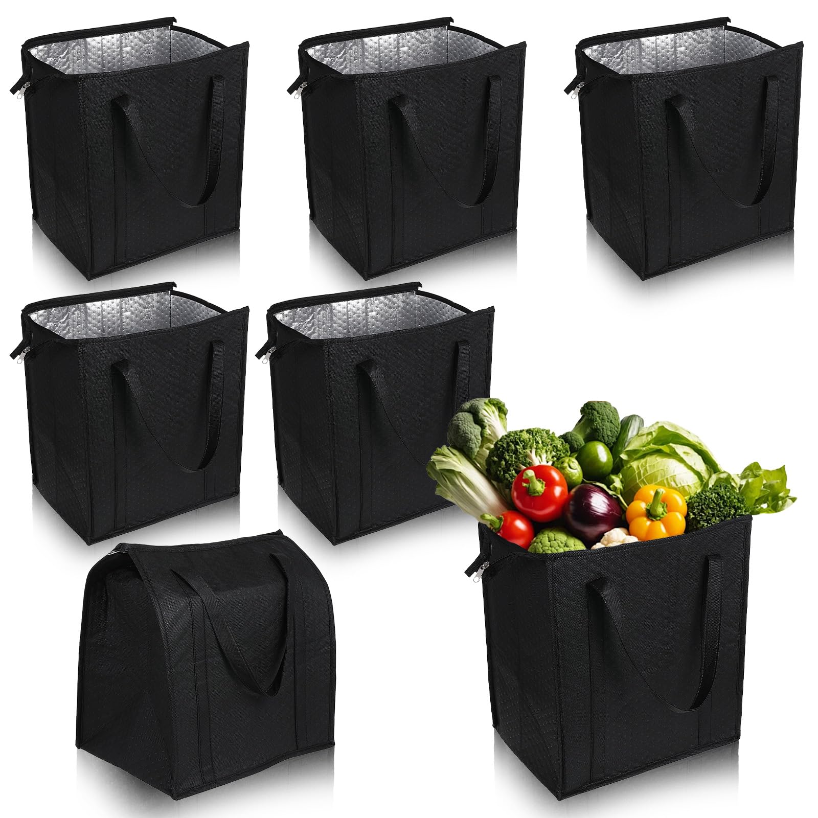 Isolierte Einkaufstaschen für Lebensmittel, große, wiederverwendbare Kühltaschen, Thermo-Tragetaschen mit Reißverschluss oben für heiße und kalte Lebensmittel, Kühlschrank, Pizza, Schwarz, 6