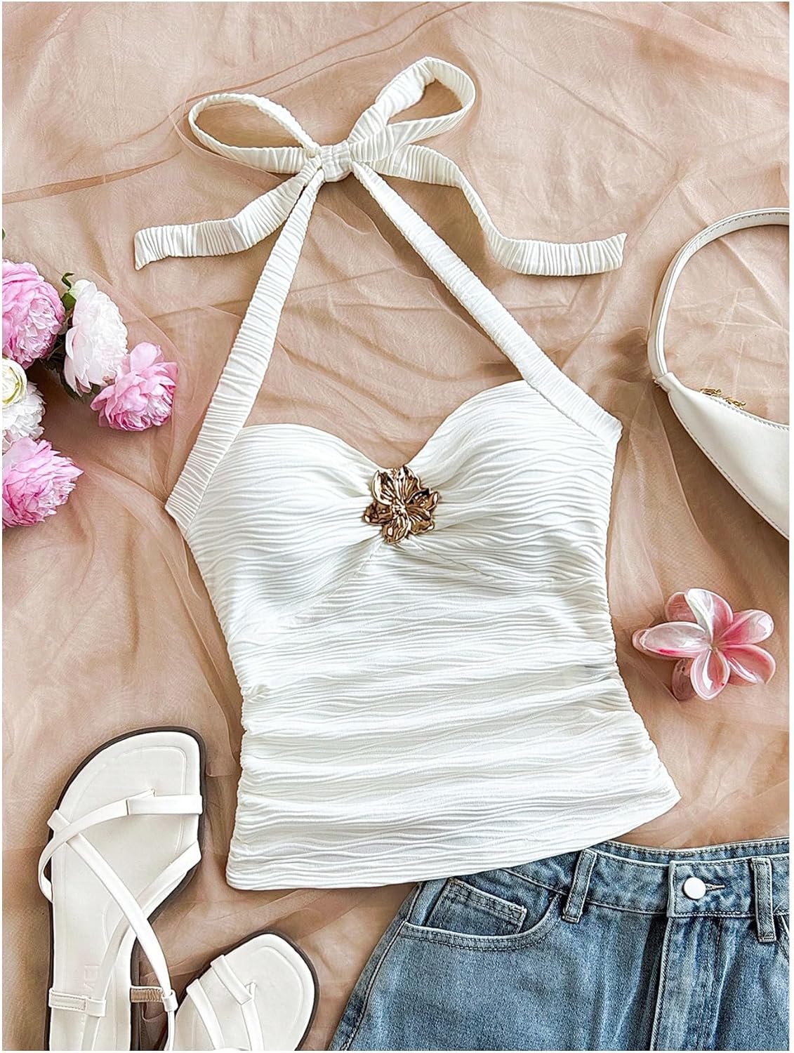 Women's Y2K Cute Summer Halter Going Out Tops for Women Sexy V Neck Open Back Backless White Tank Top Club Outfits - Image 2