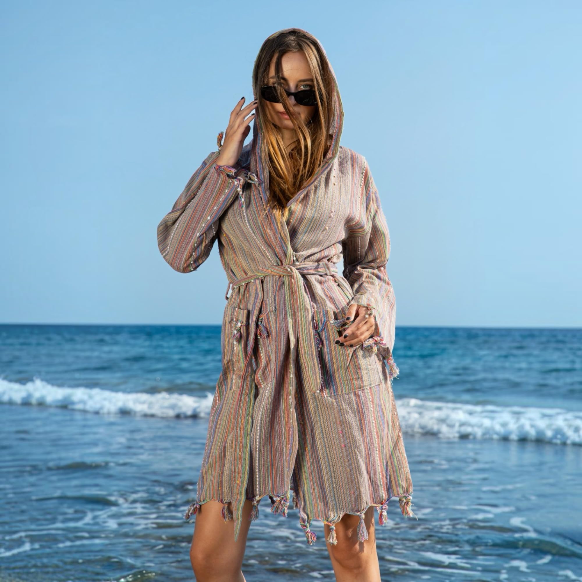 Peignoir de plage pour femme - Style Ibiza Beach Cover Up avec capuche - 100 % coton - Kimono à franges - Couverture de bikini - Robe spa et sauna