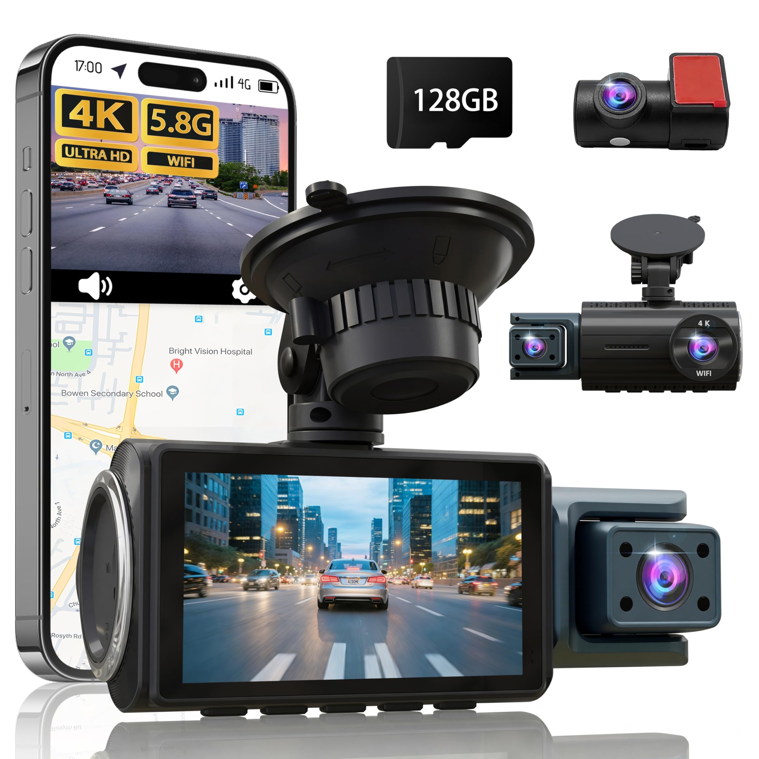 Photo 1 of 3 Channel Dash Cam Front and Rear, 4K+4K+1080P Car Camera, Free 128GB Card, Built-in GPS, ADAS, 5.8GHz WiFi & APP, Super Night Vision, G-Sensor, Loop Recording, 24H Parking Mode Dash Cam?Black?