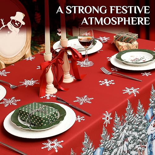 Miniatura 3 de Softalker Mantel rectangular de Navidad de 60 x 84 pulgadas, mantel rojo de invierno, muñeco de nieve, camión, resistente a las manchas, para