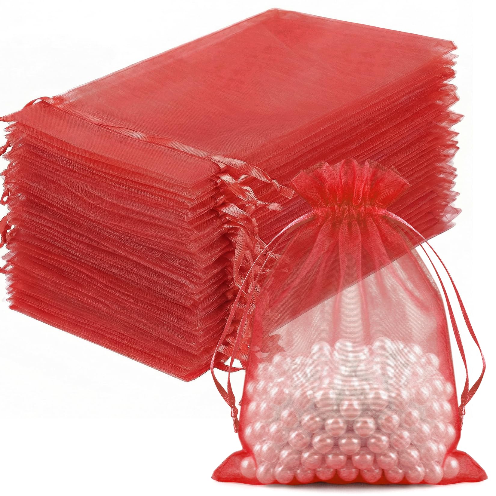 FUNFERY 100 Pcs Red Organza Bags 4x6 in, Small Mesh Drawstring Gift Bags for Sachet, Jewelry, Candy, Wedding Favor, Easter Day