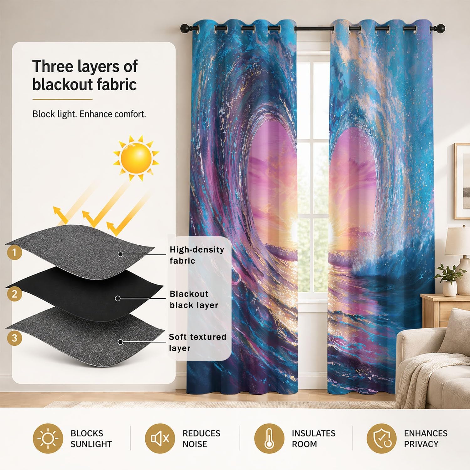 Generisch Herz Wellen Sonnenuntergang Vorhänge B 140 x H 245 cm Blickdichte Verdunklungsvorhänge mit Ösen Traumhaft Romantisch Thermovorhänge für Wohnzimmer und Schlafzimmer, 2er Set