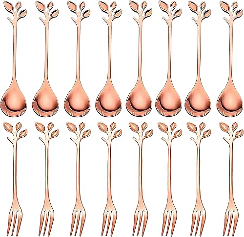 Comicfs 16 cucharas creativas de acero inoxidable para tartas de café con hojas de oro rosa de 4.7 pulgadas, cucharas de postre, agitar, mezclar,