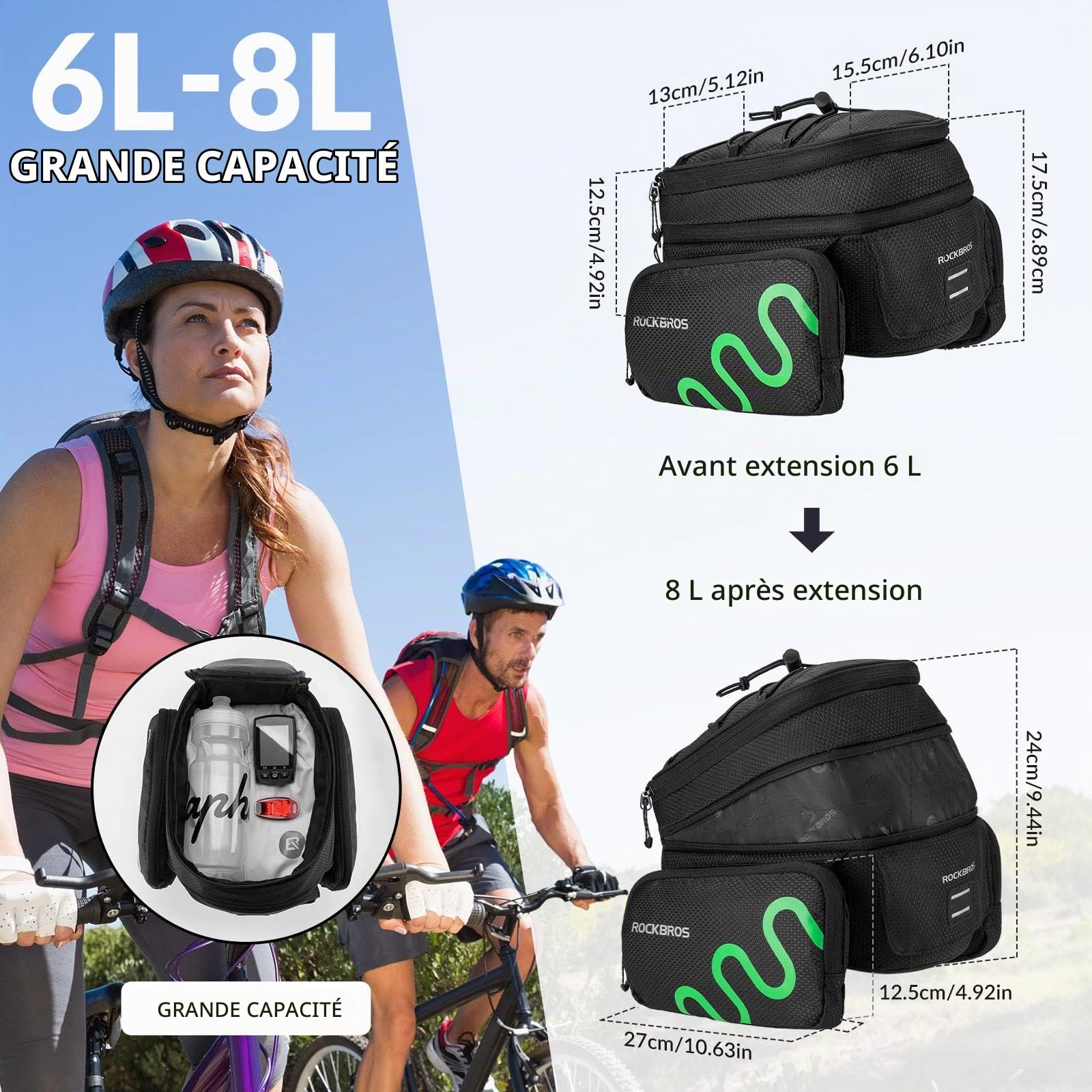 ROCKBROS Sacoche de Porte-bagages Vélo 6-8L, Sac de Vélo Extensible Réfléchissant avec Housse de Pluie, Sacoche de Vélo Arrière Amovible avec Support Réglable pour VTT Vélo de Route Vélo Pliant