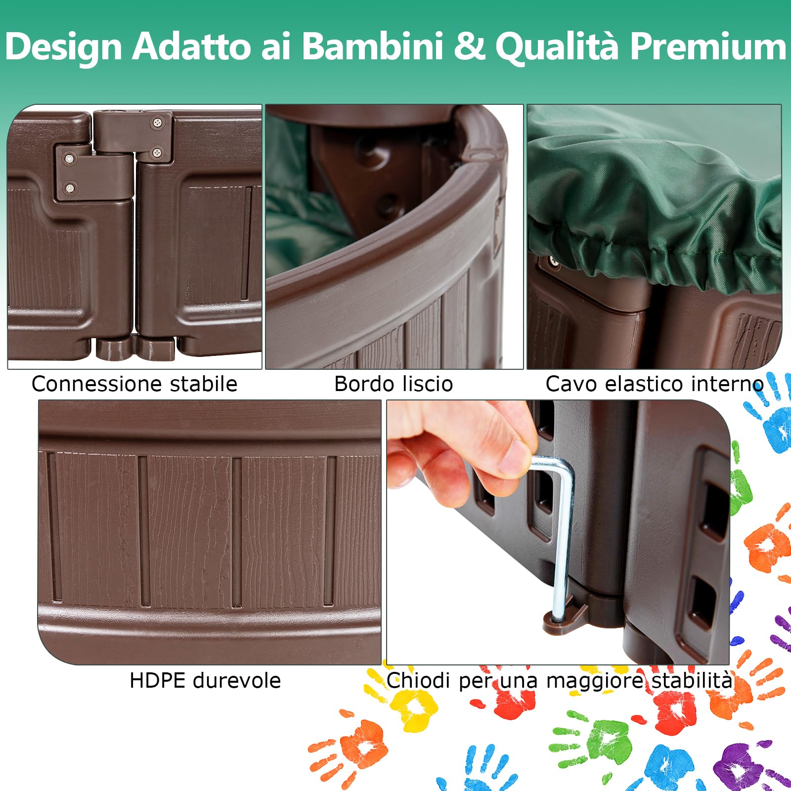 GYMAX Sabbiera per Bambini, Sabbiera con 4 Sedili Staccabili, Sabbiera con Coperchio Impermeabile e Antipolvere, 183 x 105 x 21cm, per Bambini di 3 Anni e più, per Piscina & Giardino, Marrone