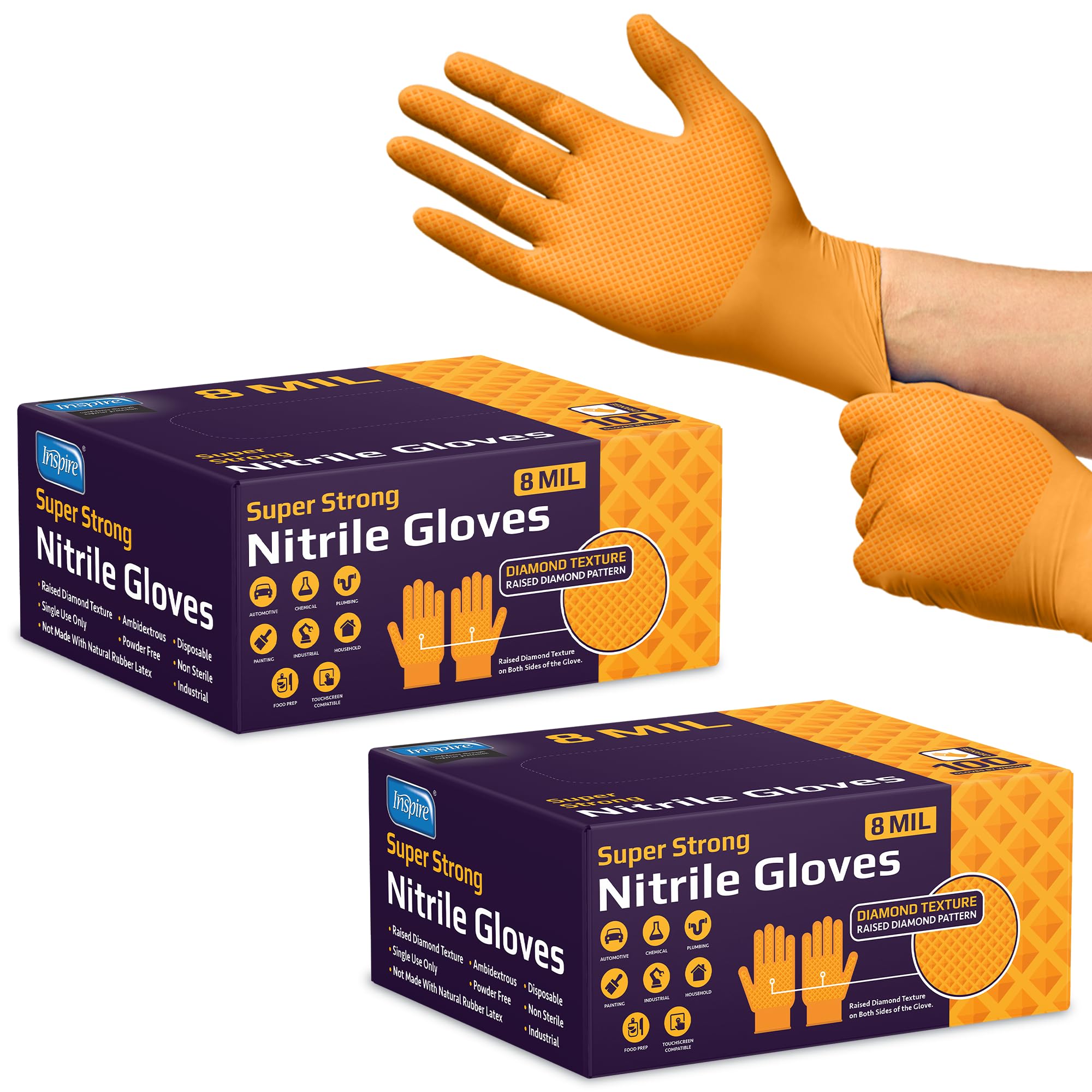 Inspire Heavy Duty Orange Nitrile Gloves | ULTRA 8 Mil Diamond Textured Grip | Industrial Mechanic Disposable Cleaning Gloves
