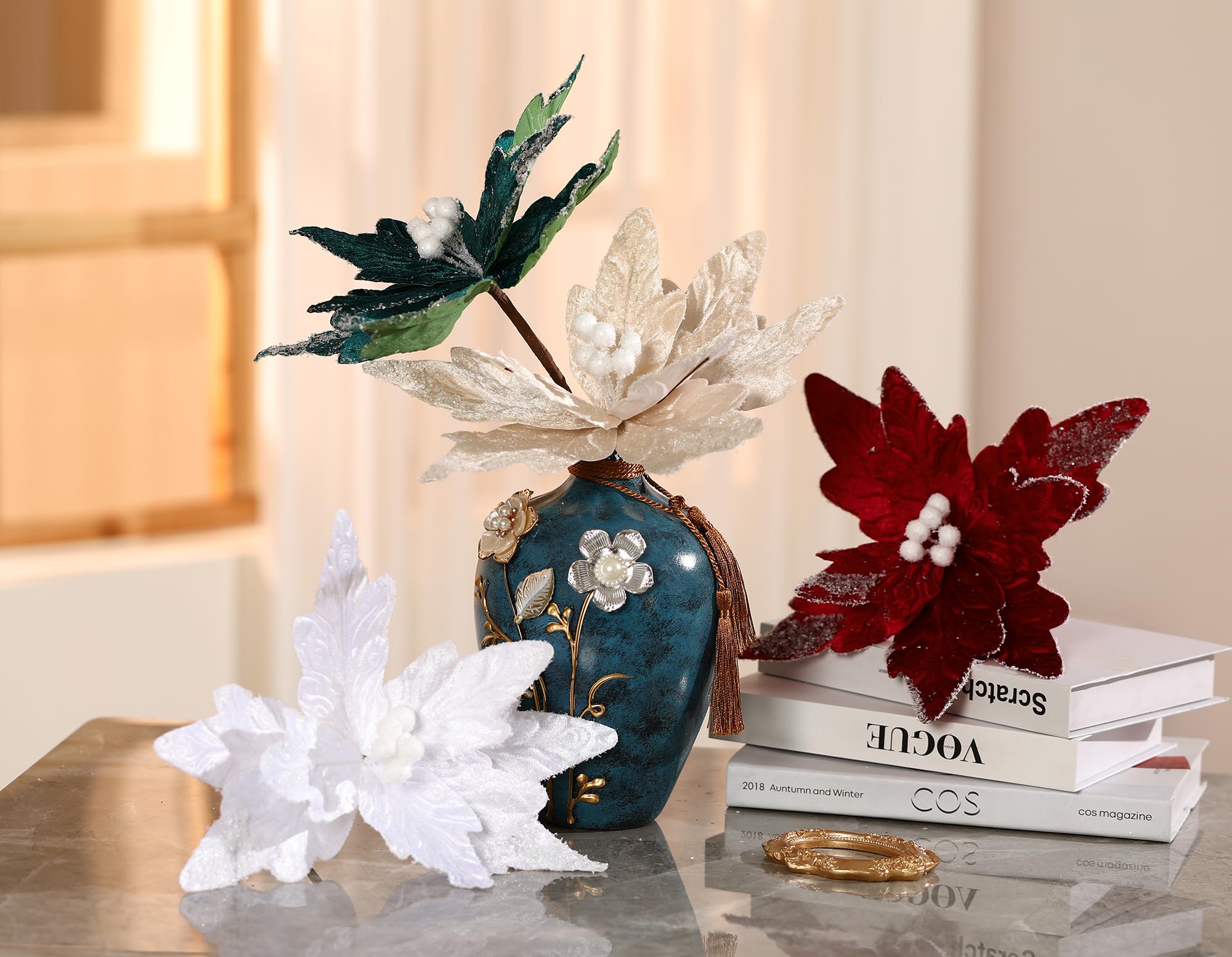 Lot de 6 grandes fleurs de poinsettia artificielles en velours pour décoration de Noël, Nouvel An, mariage, 30 cm (blanc)