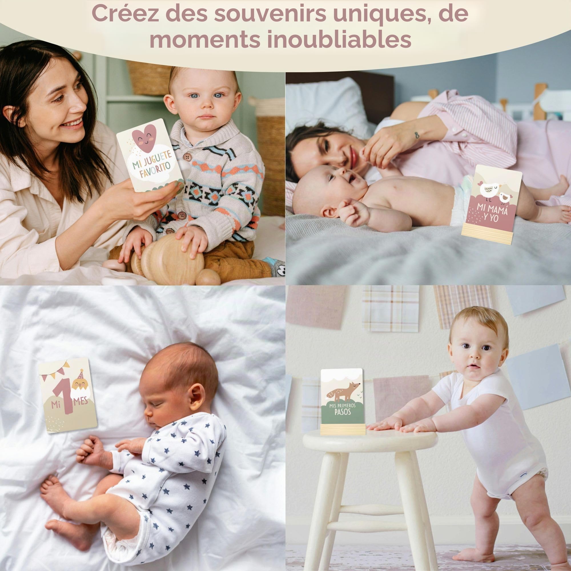 HuBorns - Carte Etape Bebe pour Suivre les Étapes les Plus Importantes, 46 Carte Mois par Mois Bebe à Offrir comme Cadeau Bebe Naissance, Cartes Etapes Bébé (Espagnol)