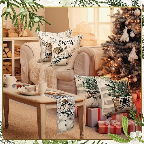 Miniatura 6 de Decoración navideña de muñeco de nieve de invierno para el hogar, camino de mesa neutral retro y 4 fundas de almohada de 18 x 18 pulgadas, funda de