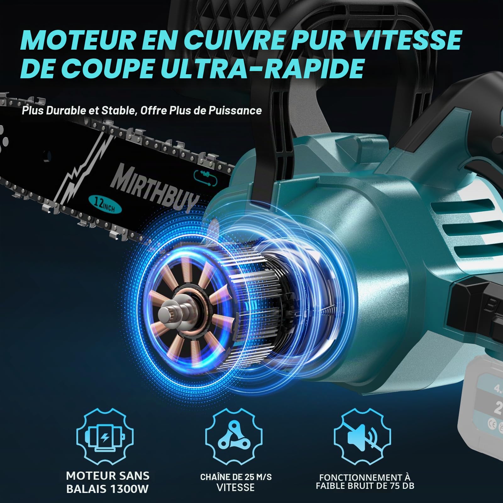Mini tronçonneuse électrique sans fil 6 et 8 zoll, sans balais, système de lubrification amélioré, tronçonneuse pour coupe de jardin (12 zoll)