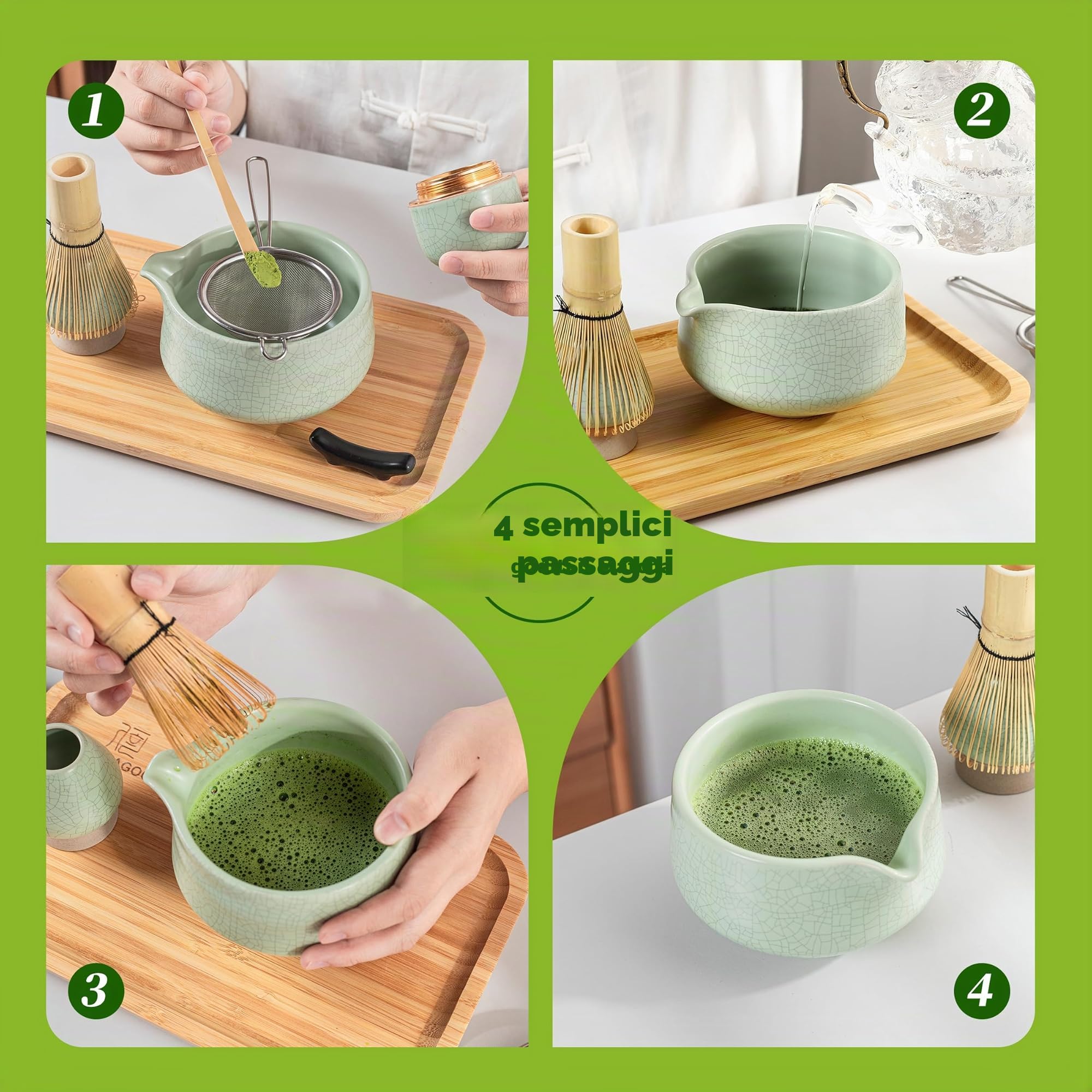 TEANAGOO Matcha, set di frusta per matcha, in bambù (chasen), cucchiaio (chashaku), porta frusta per matcha, set per preparare il tè. O38, kit per tè verde in polvere