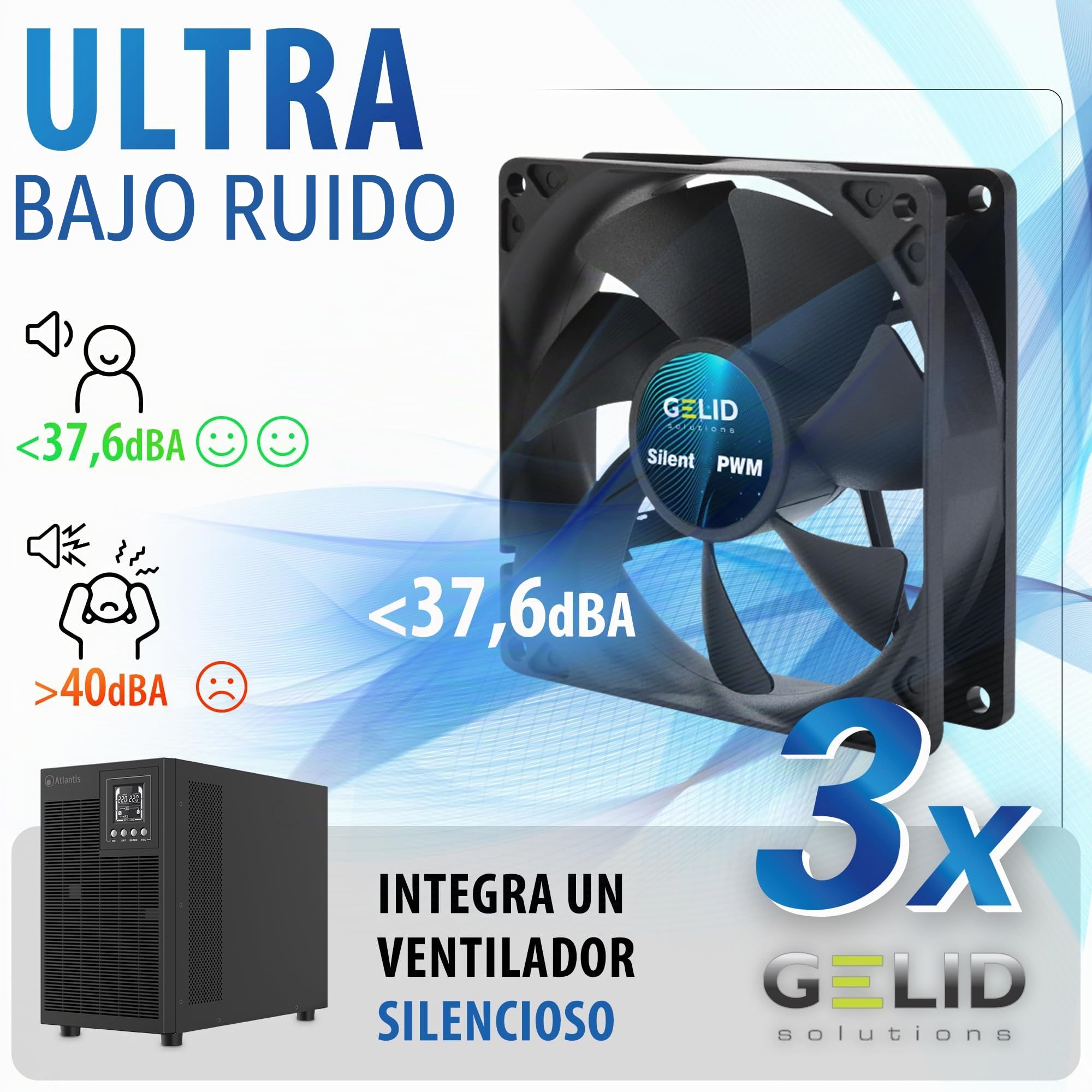 Atlantis A03-OP3002XLN UPS Sistema de alimentación ininterrumpida Online Doble conversión Onda sinusoidal Pura 75% más silencioso 3000VA 2100W, 31,3 dbA, USB, RS-232, 4 IEC, Ranura SNMP, 6x12V 9Ah