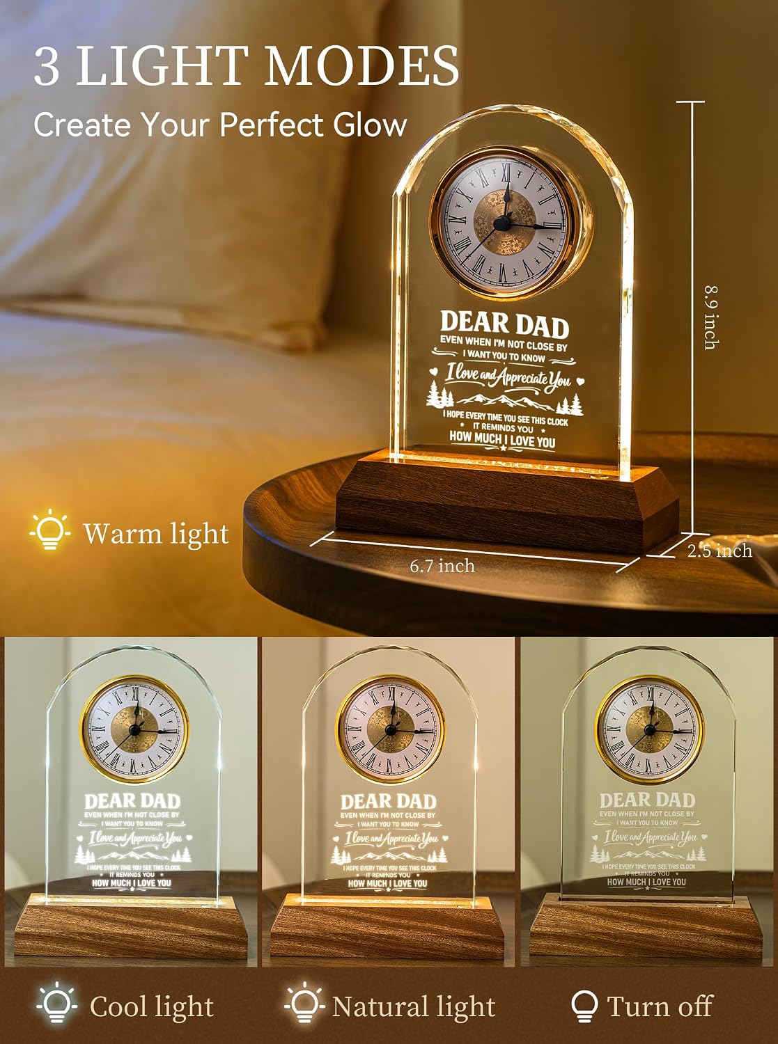 Dad Gifts from Daughter Son - Glass Desk Clock with LED Wooden Base - Father's Day & Birthday Christmas for Daddy - Laser Engraved Keepsake Present for Home Office