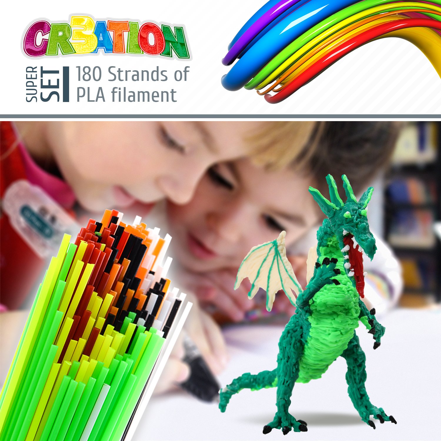 3D printer pen PLA filament - 1.75mm Nozzle Universally Compatible - 180 Strands - Safe Non Toxic - Plant Based - 148 Feet Total - 9.85 inches each