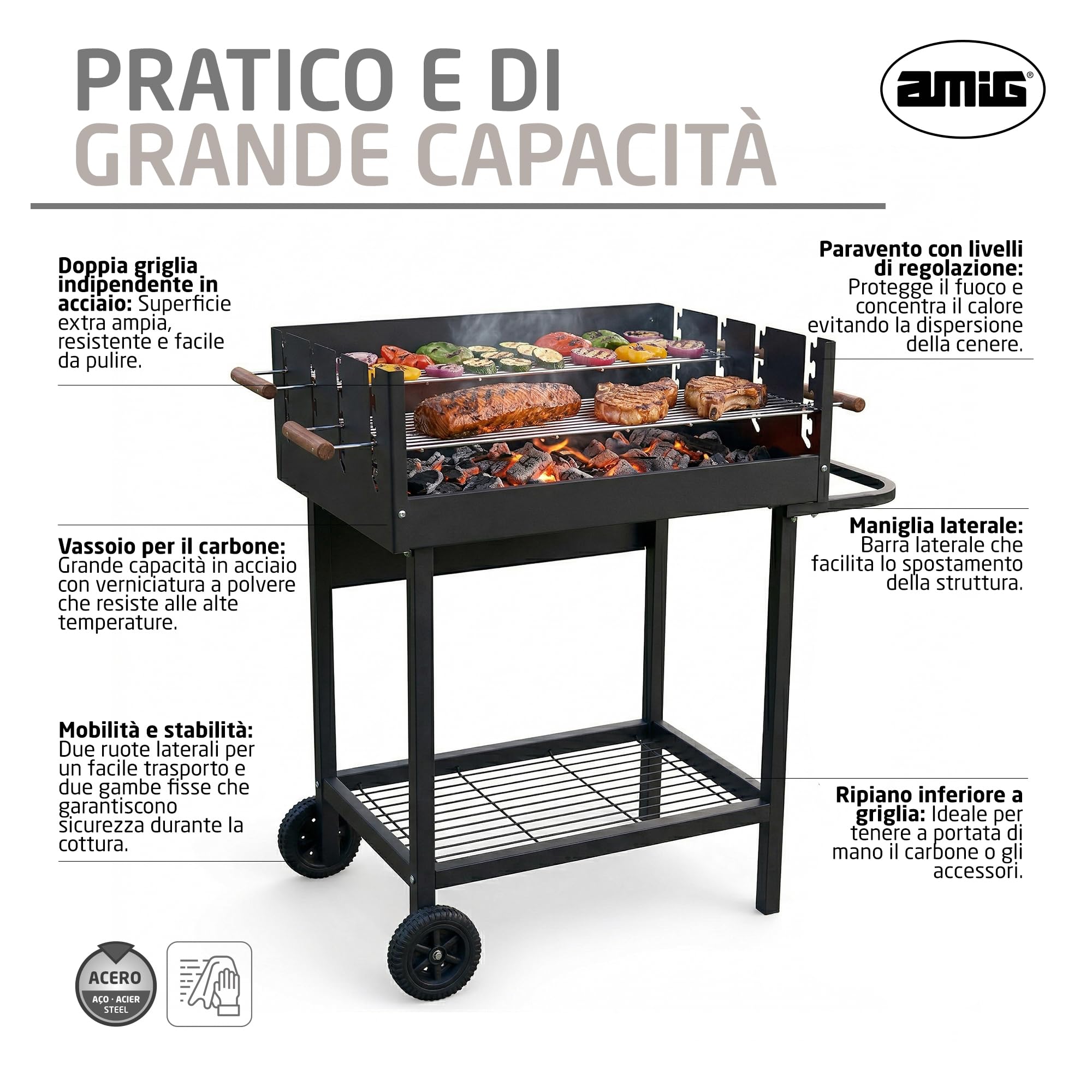 Amig - Barbecue a carbone - 94 x 51 x 93 cm - Nero - Realizzato in Acciaio - per giardino e patio con uso familiare e riunioni, con montaggio semplice, pulizia comoda e qualità costante. Mod. DRAKEN