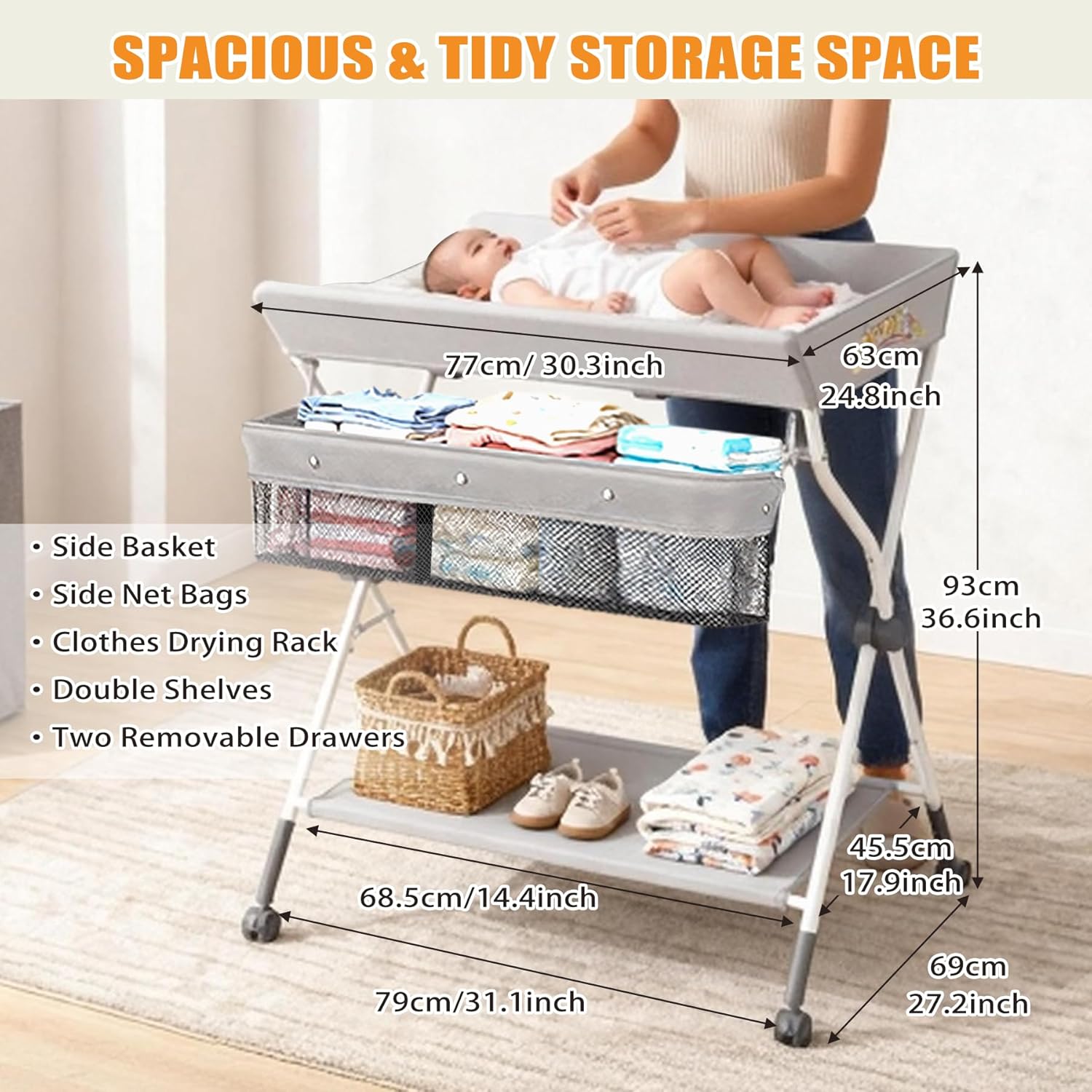 Portable Baby Changing Table, Folding Diaper Changing Station with Wheels, Adjustable Height Mobile Nursery Organizer with Safety Belt and Large Storage Racks for Newborn Baby and Infant