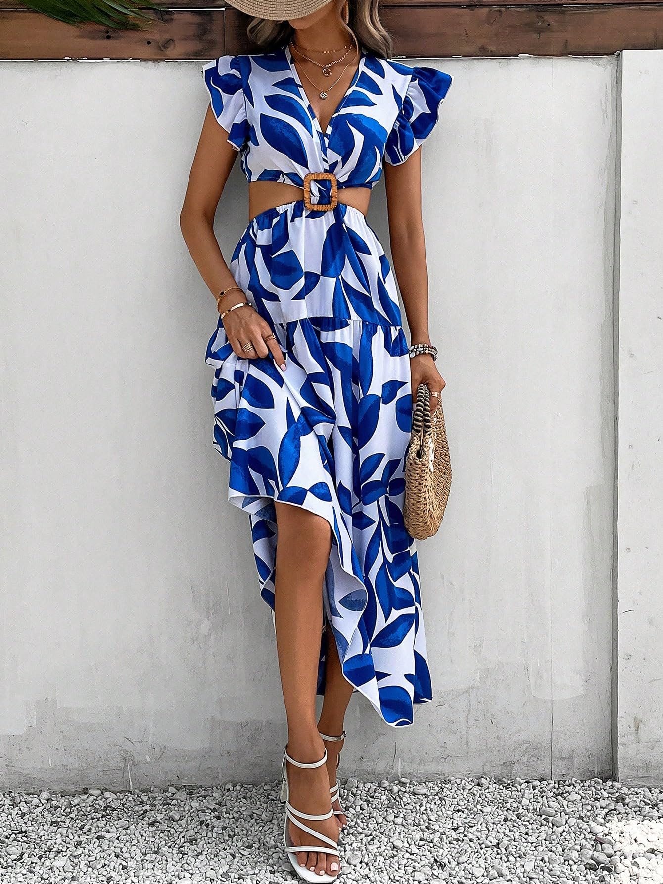 Women's Dresses Leaf Print Butterfly Sleeve Dress Without Belt