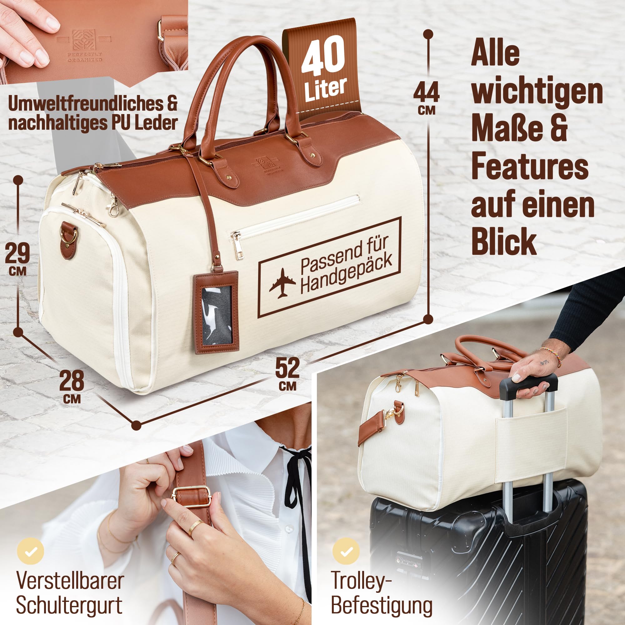 Kleidersack Reisetasche 40L Handgepäck – 2in1 Garment Bag mit Schuhfach – Knitterfrei für Anzug & Kleid – Business Weekender wasserabweisend – Premium Reisetasche Perfectly Organized