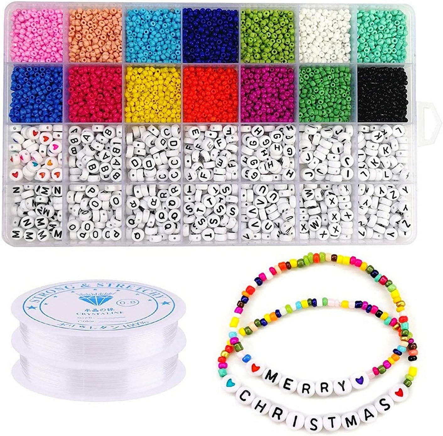 JZK5000 x Beads kit, 3mm Glass Seed Beads with 7mm Round Letter Beads and 2 Rolls Elastic Strings for Jewellery Bracelet Making and Crafts