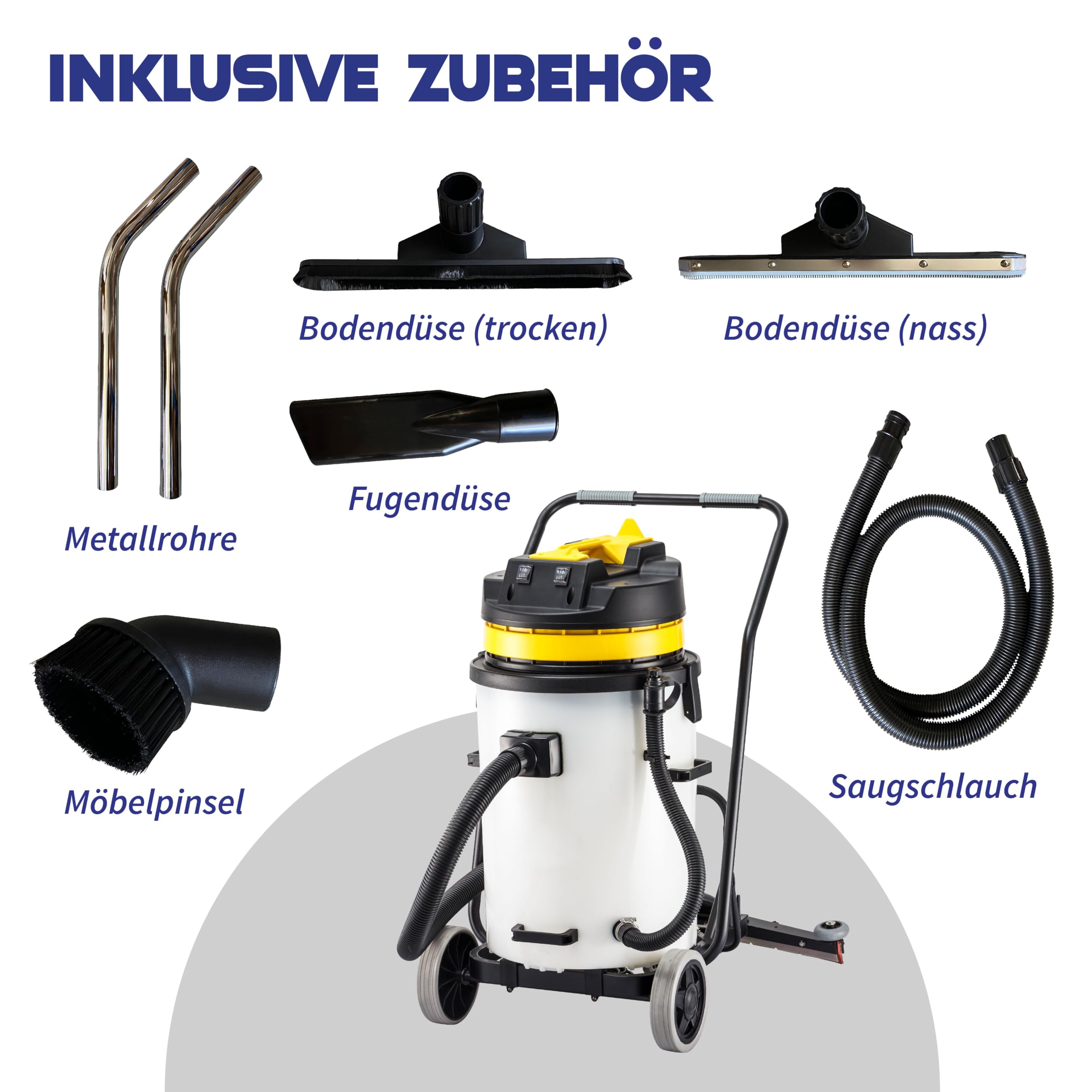 Nass und Trockensauger HL 60SB – Industriesauger, leistungsstarkes Saugsystem mit 2x1000W Motoren, 60L Fassungsvermögen, Schlauch & Wassersaugdüse - Reinigungsmaschine Boden