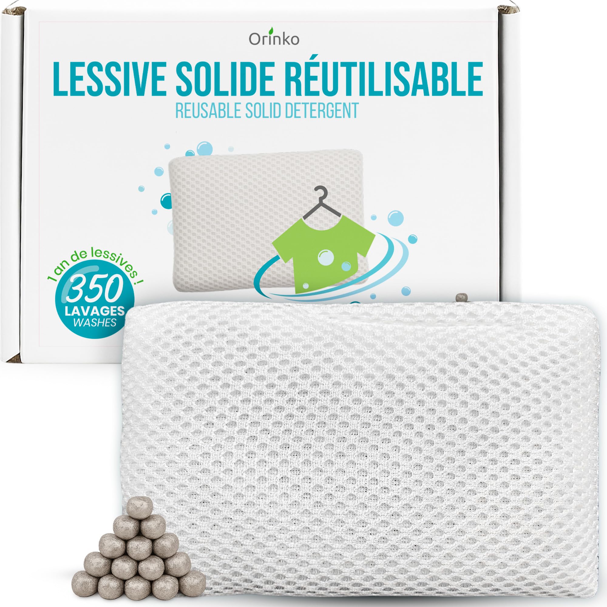 ORINKO Lessive Écologique Réutilisable avec Billes de Magnésium – 350 Lavages – Sachet en Coton Lavable – Alternative Naturelle Zéro Déchet pour Lavage du Linge sans Détergent