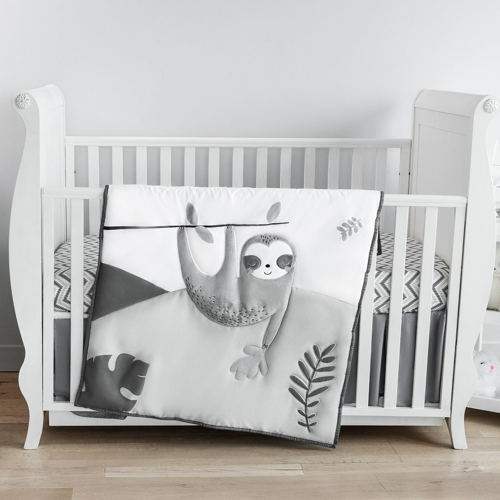 Neutral Baby Crib Bedding Set Boy 28"x52", 8" Deep Pocket - 5 pcs Baby Bedding Set with Comforter, 2 Crib Sets for Boys Cotton Fitted Sheets, Skirt, Changing Pad Cover - White & Gray
