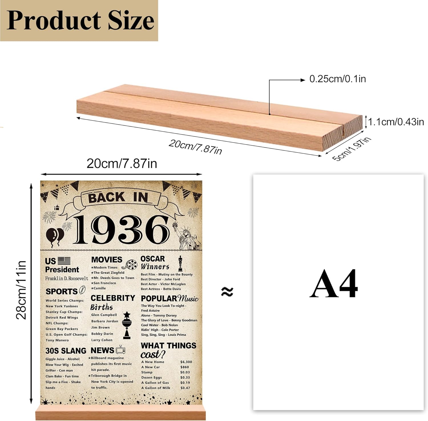 DARUNAXY 90th Birthday Party Decorations, Vintage Back in 1936 Poster Acrylic Sign with Stand 90 Year Old Party Supplies for Men& Women Vintage 1936 Table Decor 90th Anniversary Class Reunion Gifts - Image 3