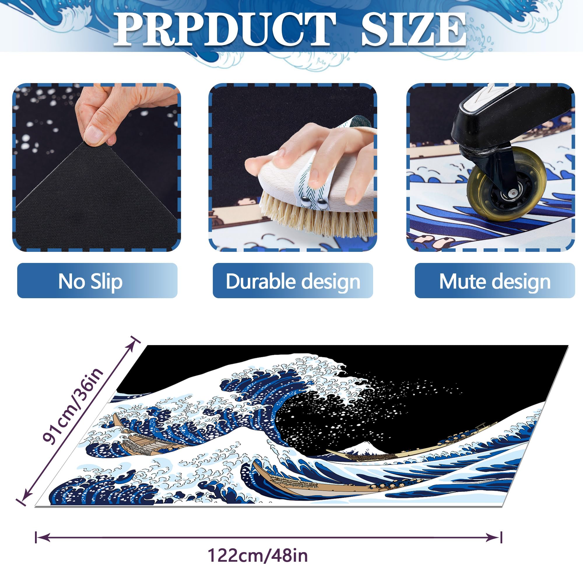 Office Chair Mat for Carpet, Desk Chair Mat for Carpet Japanese Waves Sea Office Chair Mat for Hardwood Floor 36 x 48 Inch Computer Desk Floor Mat Under Desk Rug for Abstract Office Home Desk Supplies