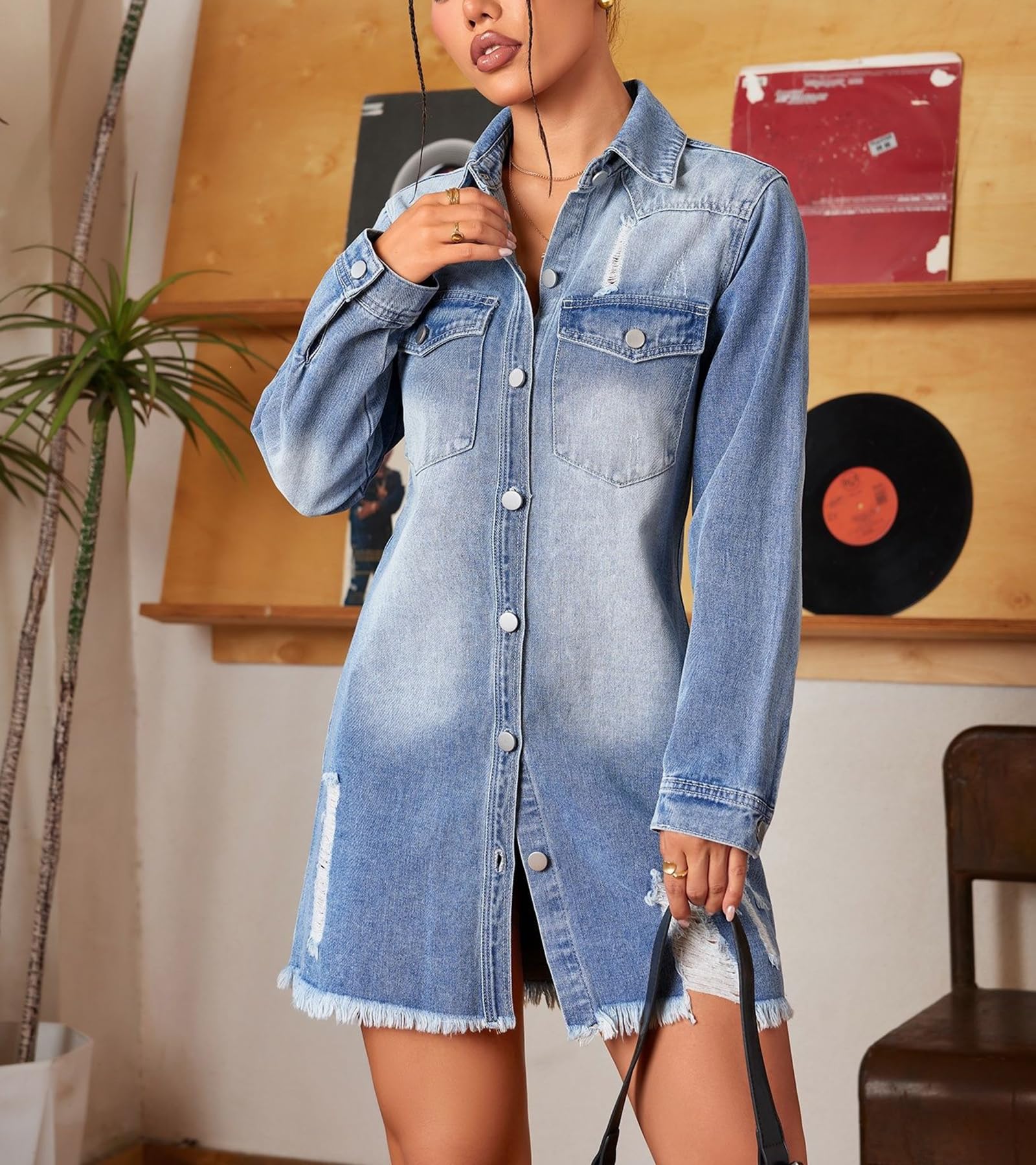 cffdviz Giacche di Jeans Strappate Casual da Donna Camicia Oversize A Maniche Lunghe con Bottoni