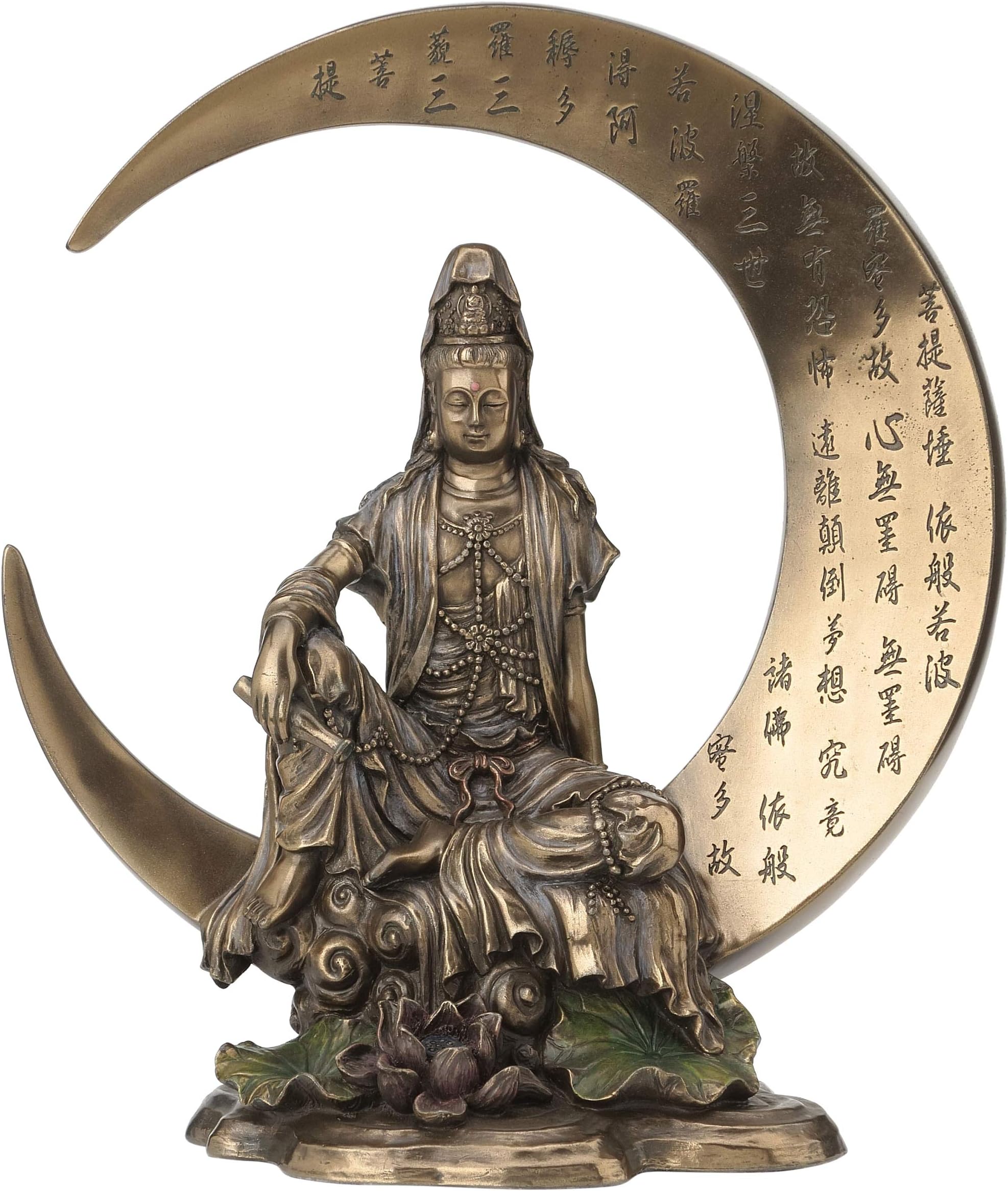 Guan Yin Sitting on Crescent Moon with Heart Sutra Statue Sculpture - Bodhisattva