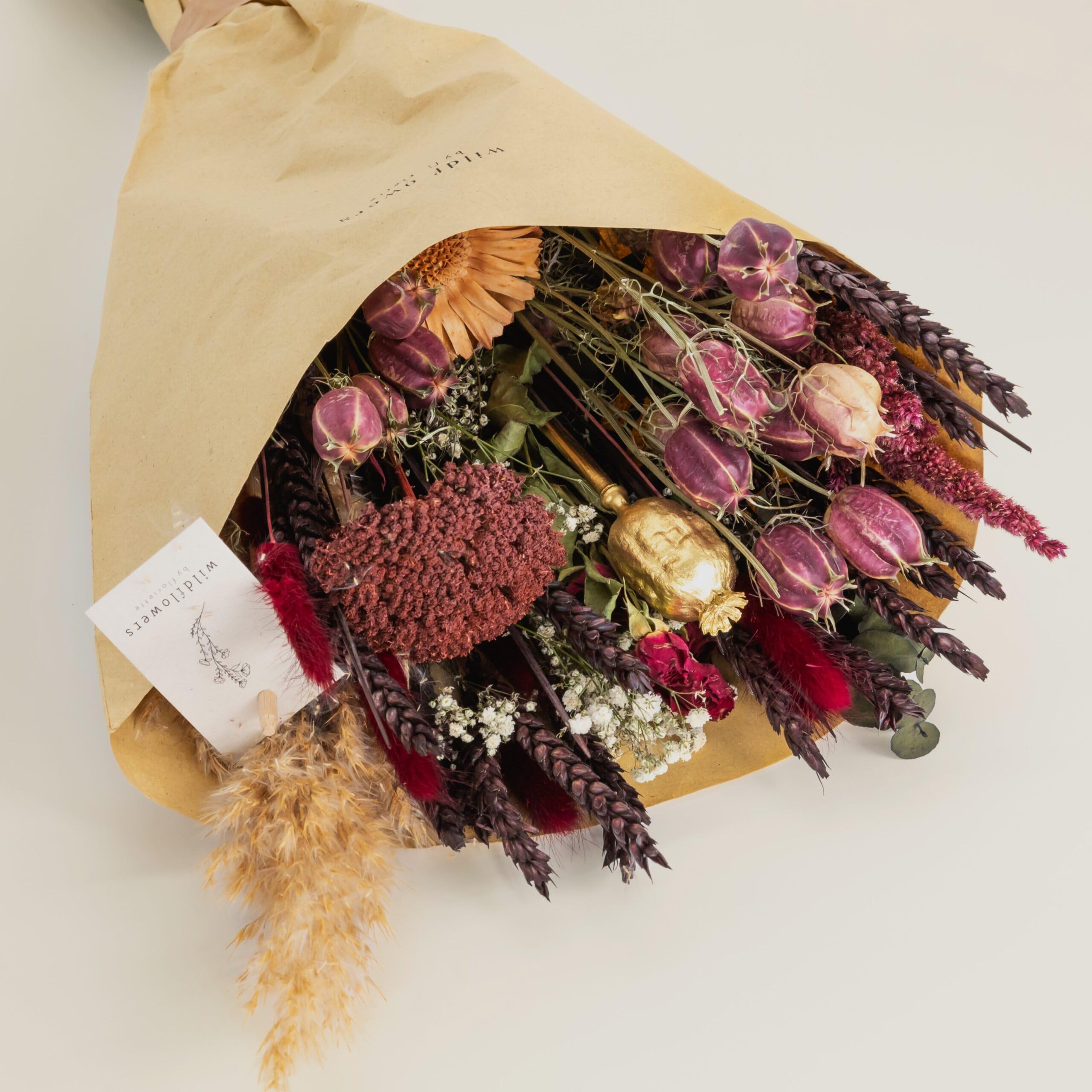 Trockenblumen Feldstrauß Scharlachrot – Handgebundener Trockenblumenstrauß – Tolle Blumen Strauß Dekoration, ewig haltbar Blumenliebhaber (50cm Höhe)