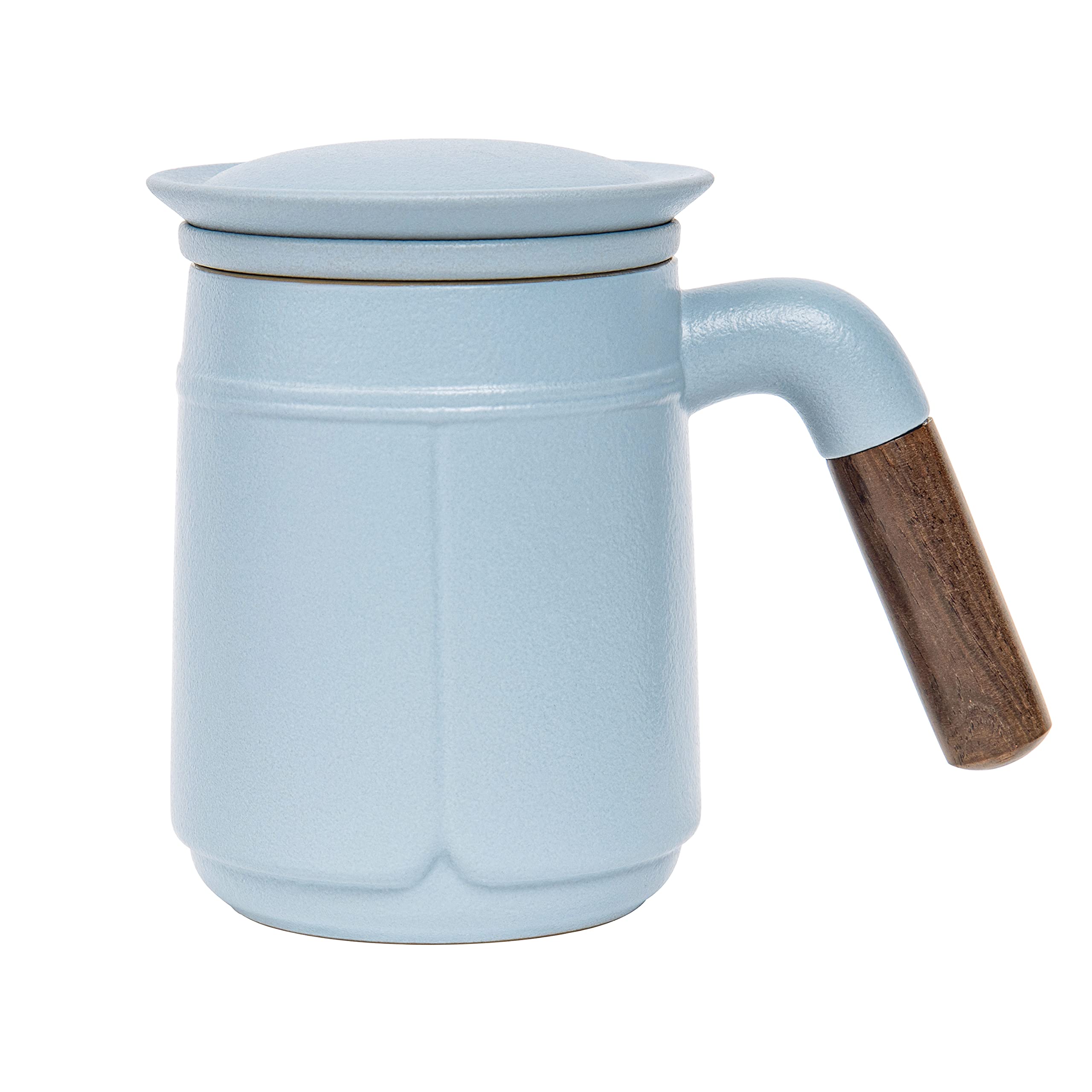 Fosenw Ceramic Tea Mug,Chinese Tea Cup with Lid,Sandalwood Handle and Infuser for Filtering Loose Tea Leaves,12 oz (Light blue)