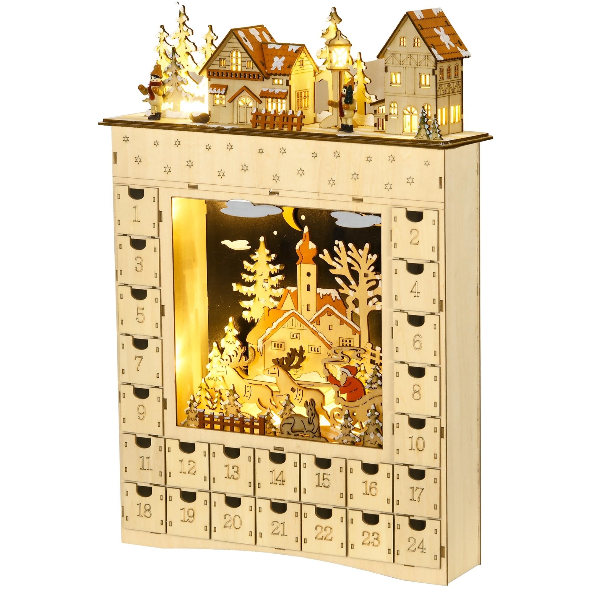 HOMCOM Calendario de Adviento para Llenar con Iluminación LED y 24 Cajones Cuenta Regresiva Calendario de Adviento de Madera de Navidad Decoración en Mesa 36x9x52 cm Natural