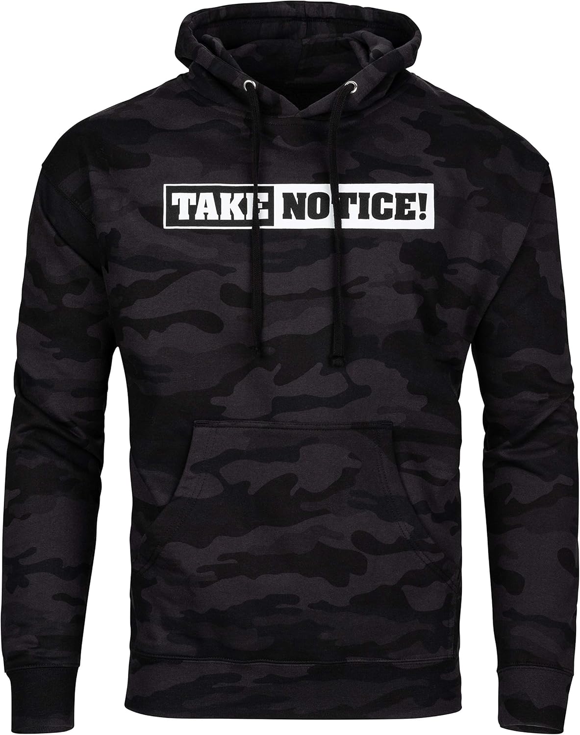 TAKE NOTICE! Pull-Over Hoodie Sweatshirt with front pouch pocket. Black Camouflage - Midweight fleece.