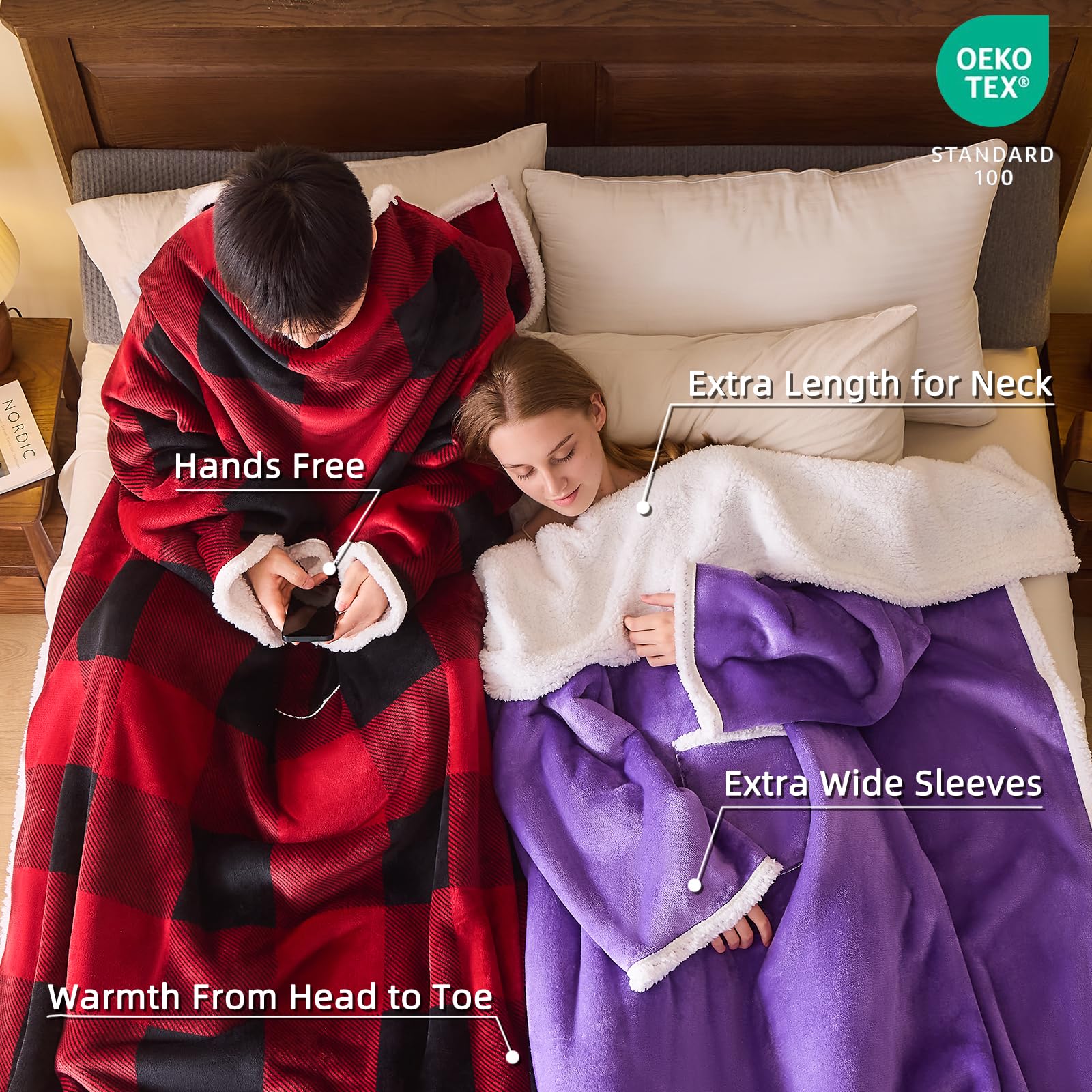 IFNOW Manta portátil con mangas para adultos, mujeres y hombres, manta ligera y suave de felpa para TV, envoltura cálida de cuerpo completo, manta acogedora, a cuadros