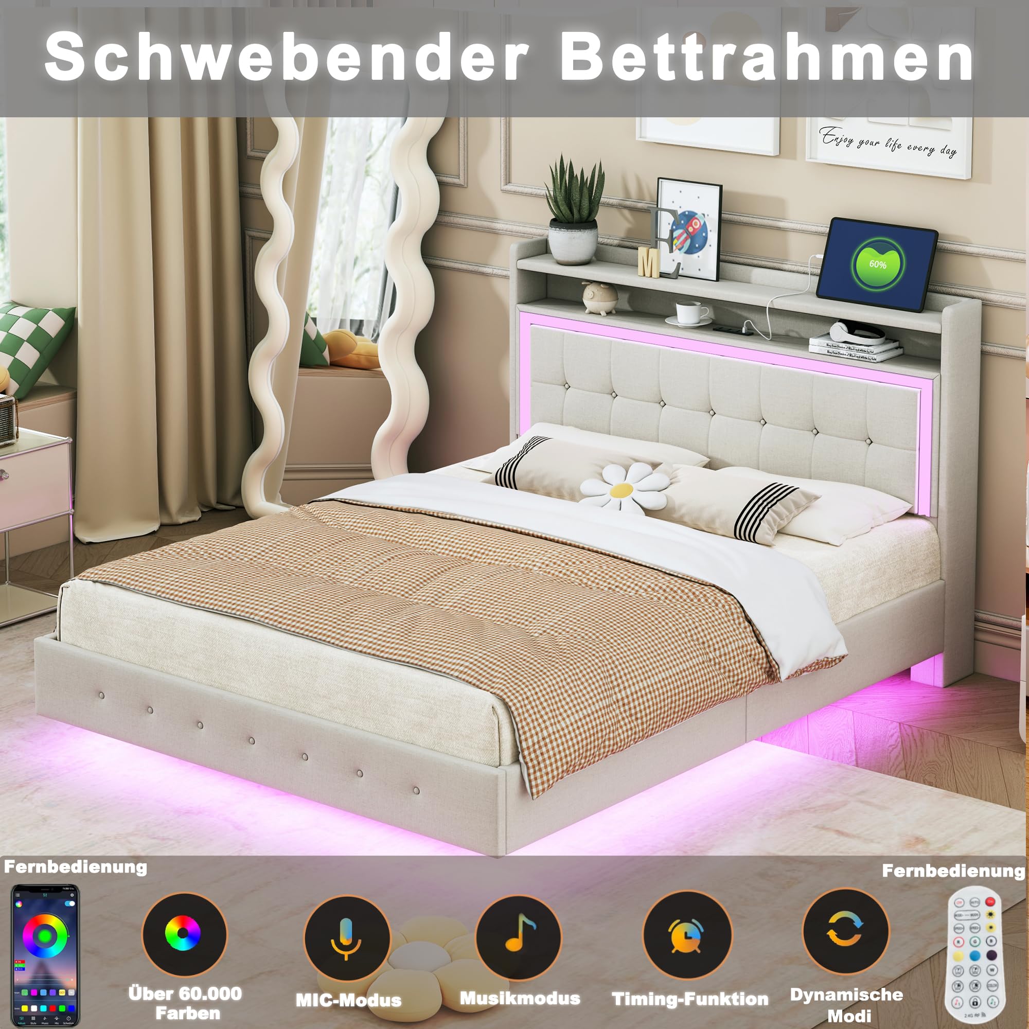 Letto Imbottito 140 X 200 Cm Con Testiera Allungata E Ripiani Laterali Presa Usb E Led Tessuto Lino Grigio