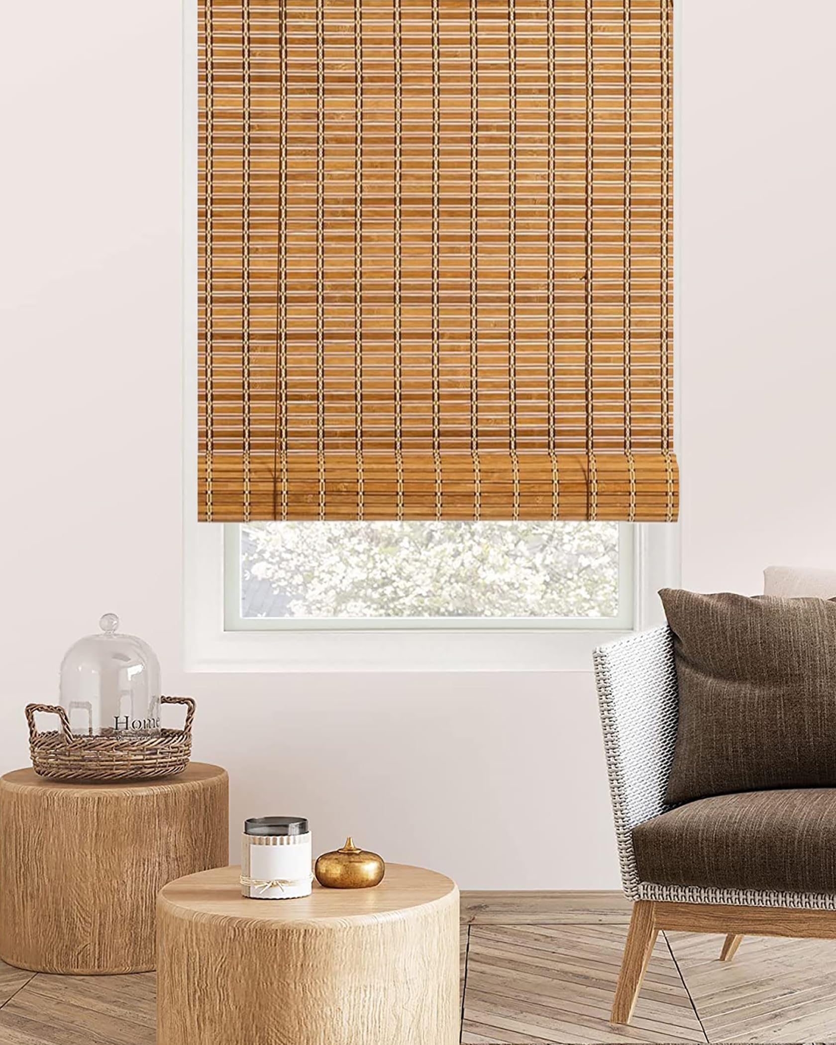 FoundGo Bamboo Blinds No Drill, Width x Height: 60X120cm Retro Roman Blinds Windows, Natural Wooden Window Decorative Curtain, Sunscreen Drape for Windows,Indoor