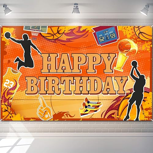 Boao Cartel de fondo de baloncesto con texto en inglés «Happy Birthday» para niños, decoración de fiesta temática deportiva, suministros de fondo