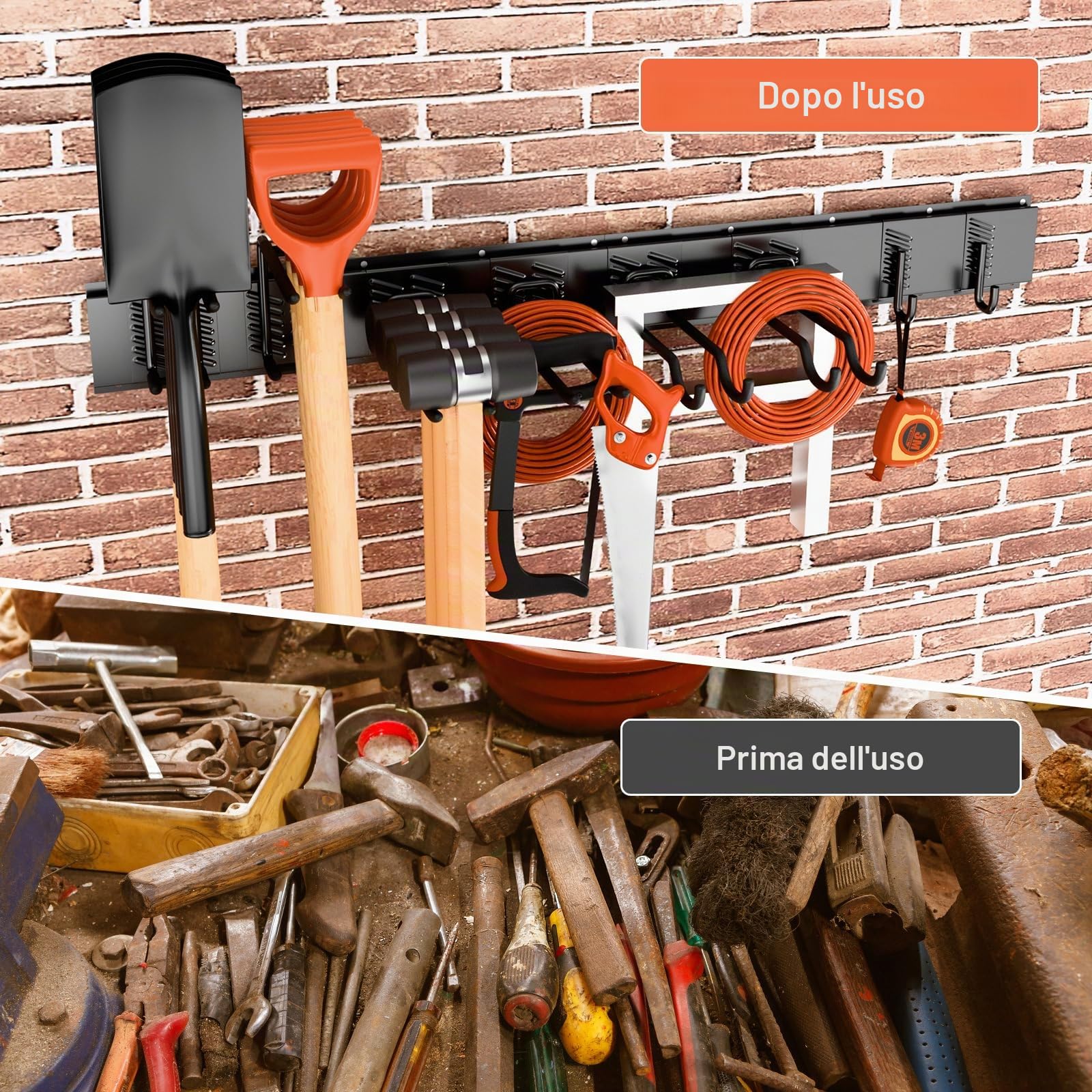 Porta Attrezzi da Giardino1 Regolabile 120 cm, Scaffalatura Multifunzione da Parete, Supporto a Parete per Attrezzi da Giardino - con 3 Binari e 8 Ganci per Garage, Giardino, Cantina, Cortile (Nero)