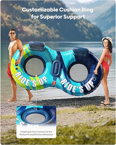 Miniatura 4 de QPAU Tubo inflable doble para río, 2 personas con capacidad de 660 libras, resistente a pinchazos de 93 pulgadas, flotador de río resistente, balsa