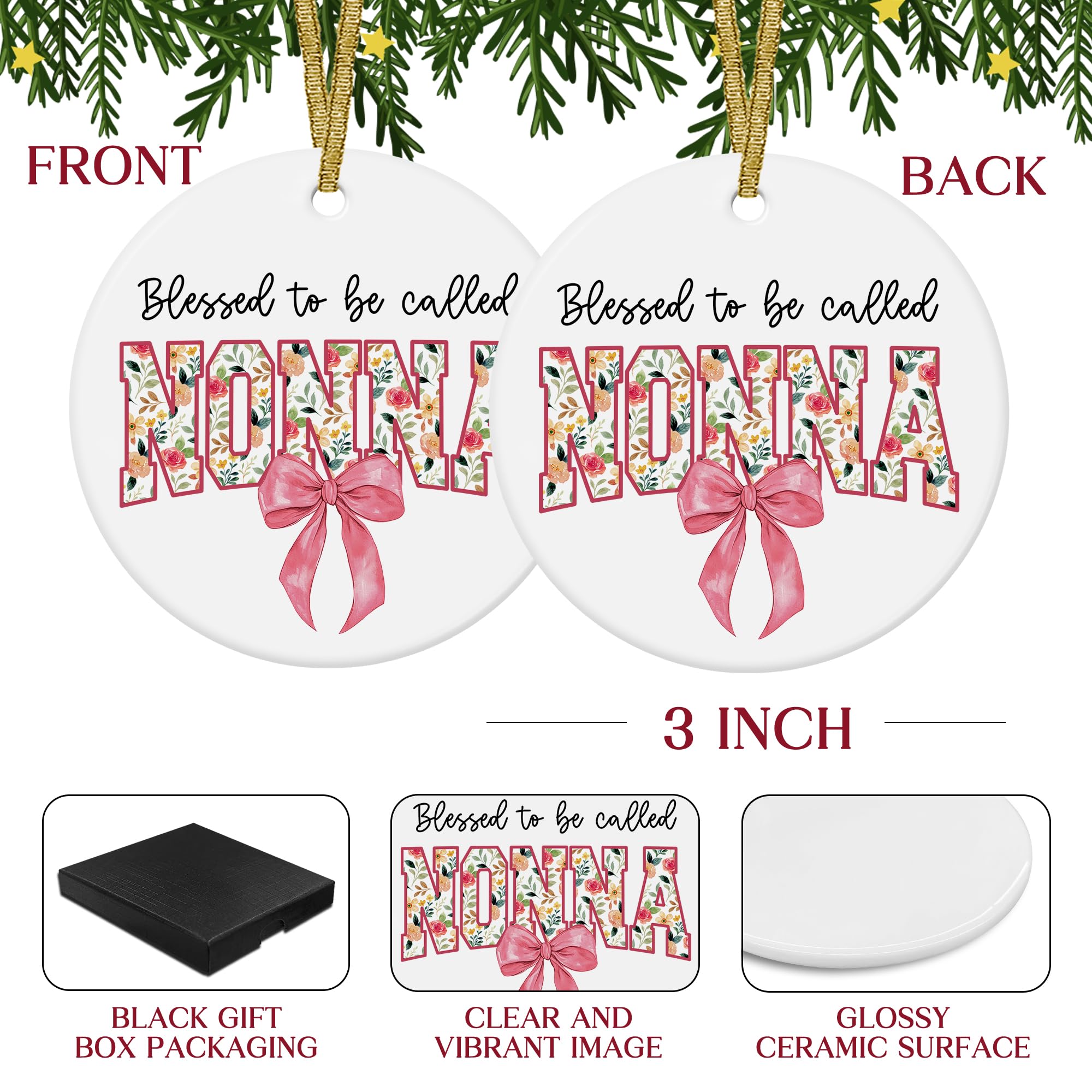 Blessed to Be Called Nonna Mothers Day Birthday Christmas Tree Ceramic Ornaments Gifts for Grandma from Grandkids, Grandma Ornaments for Christmas Tree Decorations Gifts for Nonna, 3x3Inch