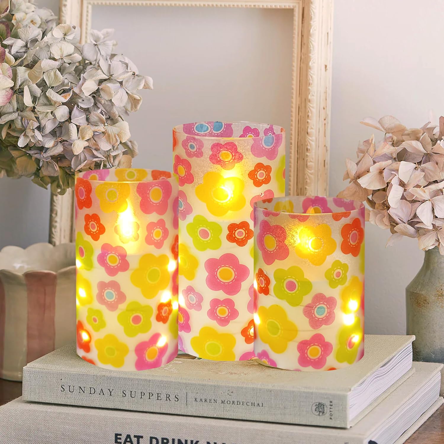 Flickering Flameless Candles Cute Colorful Flowers Print Embedded Star String Lights, Battery Operated Acrylic LED Pillar Candles with 11-Key Remote and Timer for Home Decoration, 3 Pack