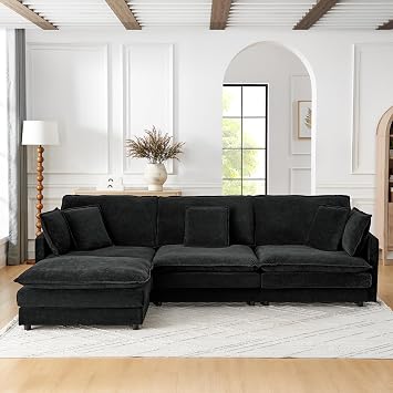 Modern Home Living Room L-Shaped Sectional Sofa Couches with Ottoman, Convertible Oversized 4 Seater Couch Towel Fabric Black