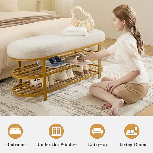 Miniatura 13 de Banco de almacenamiento de zapatos de 46 pulgadas con cojín, banco de entrada de 2 niveles, patas de metal moderno, zapatero con estante para