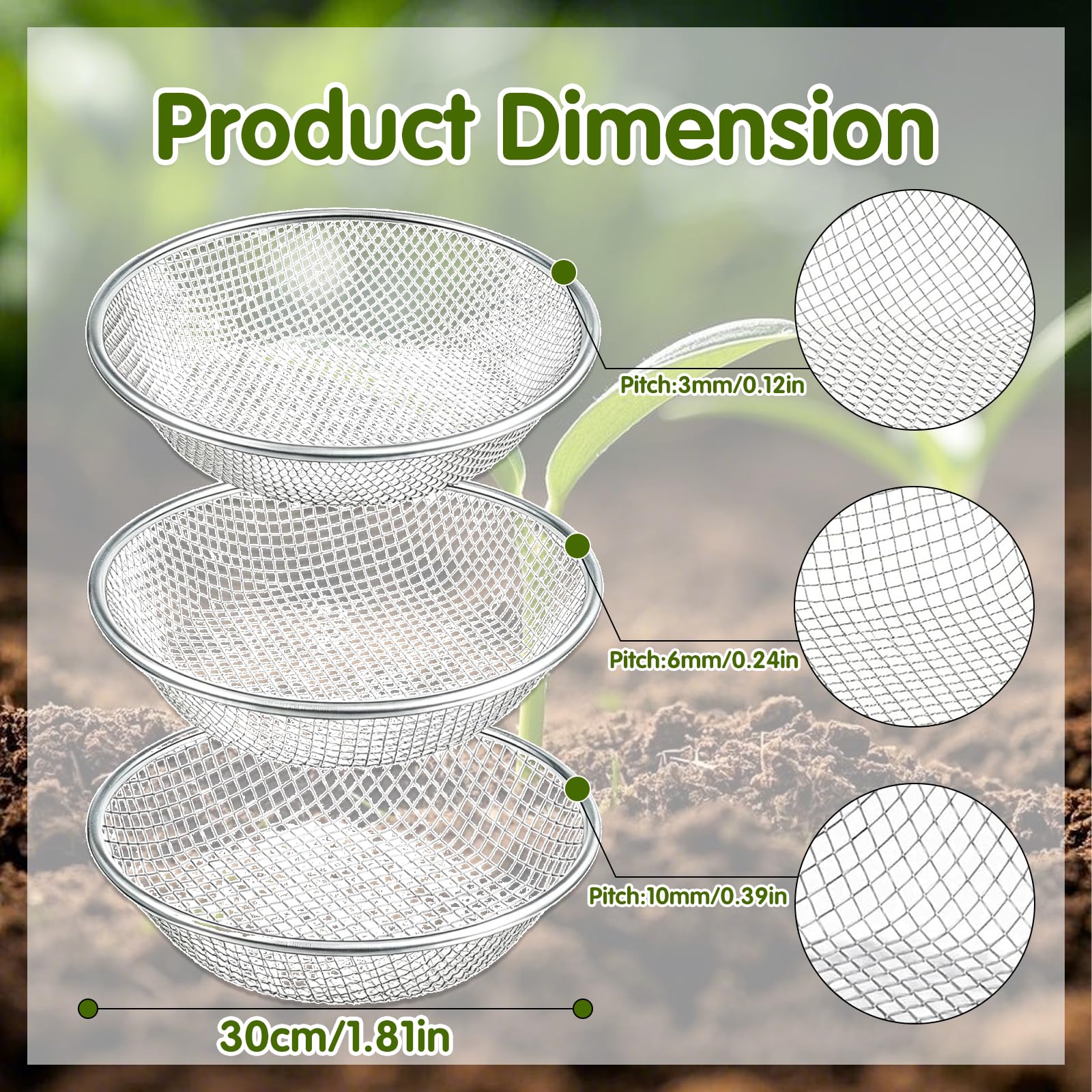 3er-Set Gartensieb rund Ø 30 cm, Metall Kompostsieb Garten Sandsieb für die Gartenarbeit – Sieb für Steine, Erde und organisches Material, 3mm/ 6mm/10mm Masche Sieb, passend für 5-Gallonen-Eimer