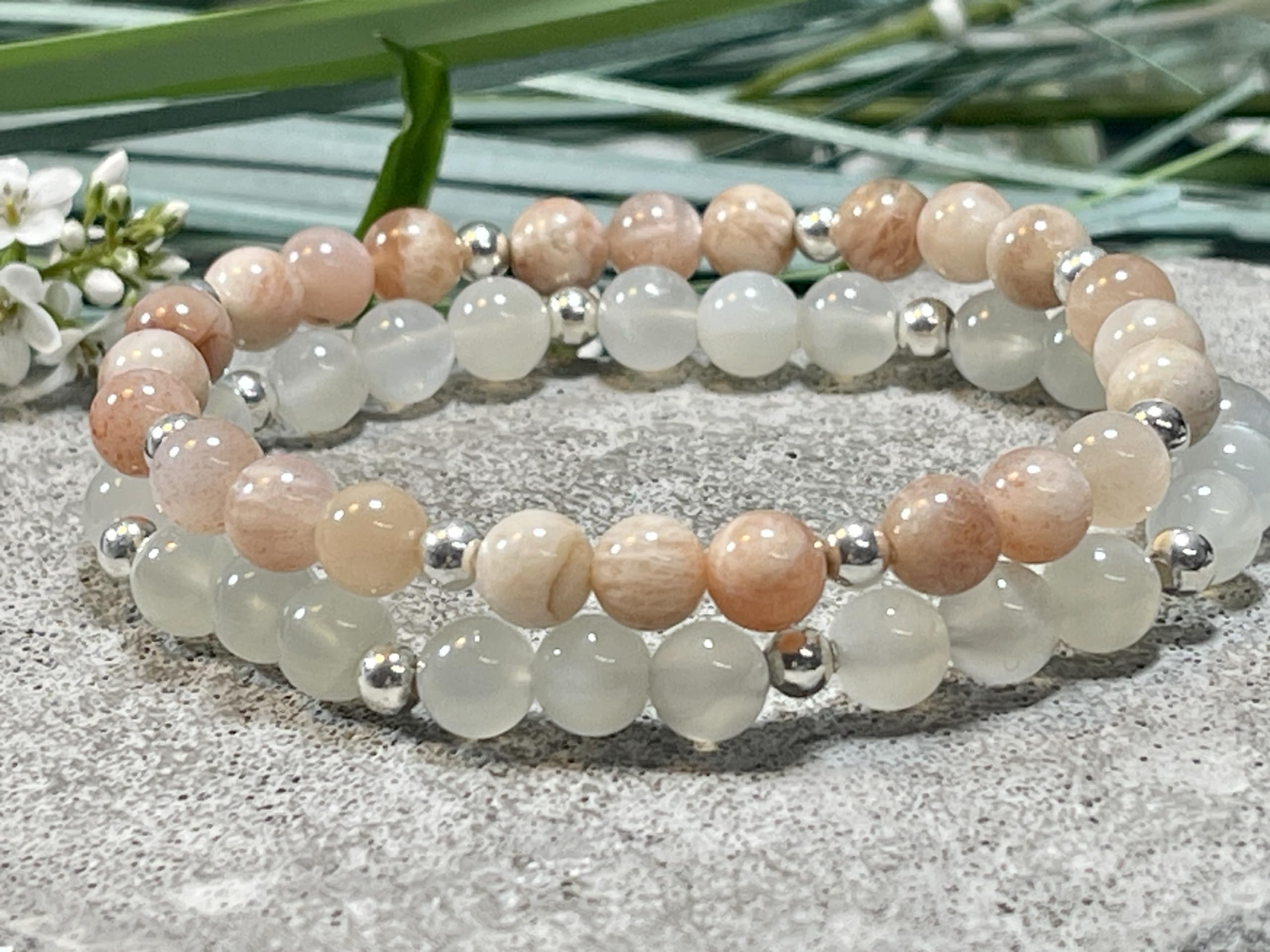 Mondstein Armband Perlen echt 6mm Edelstahlperlen 4mm Silber Gold Roségold oder Ionisiert - Handmade Perlenarmband Sensibilität Fruchtbarkeit Weiblichkeit - Spiritueller Schmuck Unisex