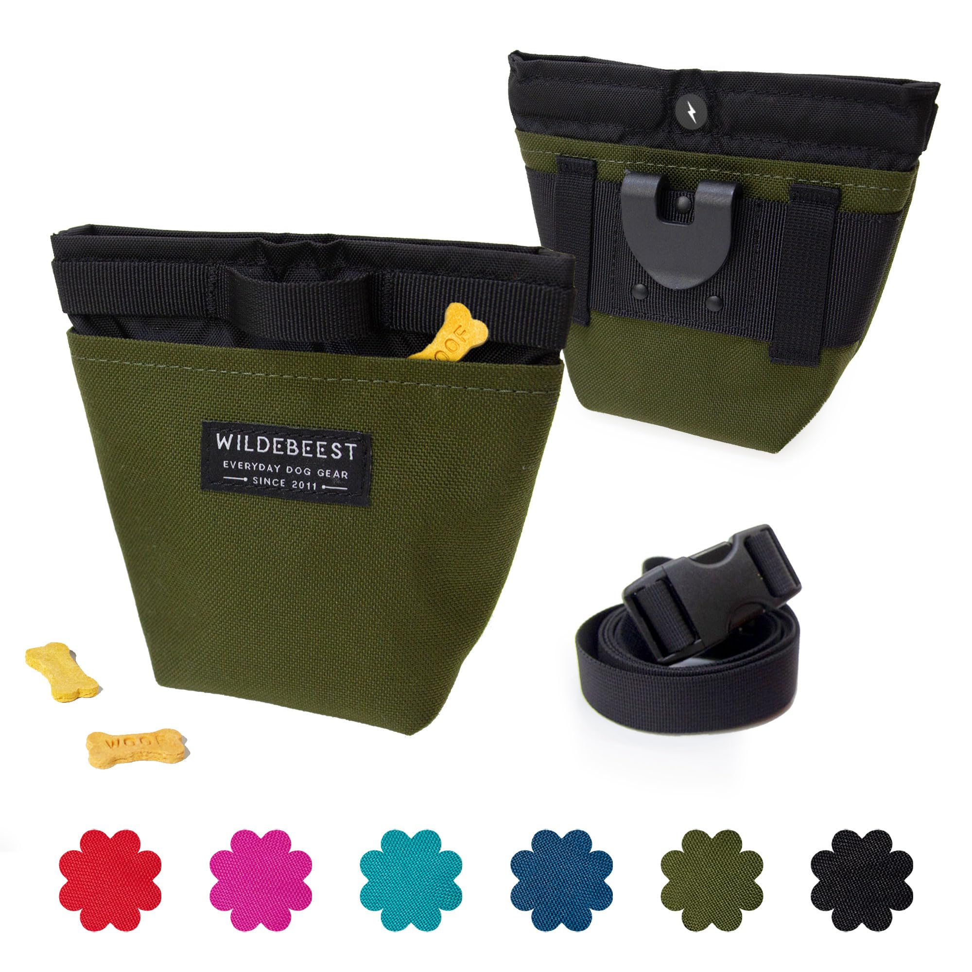 Wildebeest Dog Treat Pouch, Dog Treat Bag, Dog Training Treat Pouch, Dog Travel Bag, Pet Treat Pouch, Magnetic Closure, 2 Water-Resistant Compartments, Detachable Waist Strap & Belt Clip