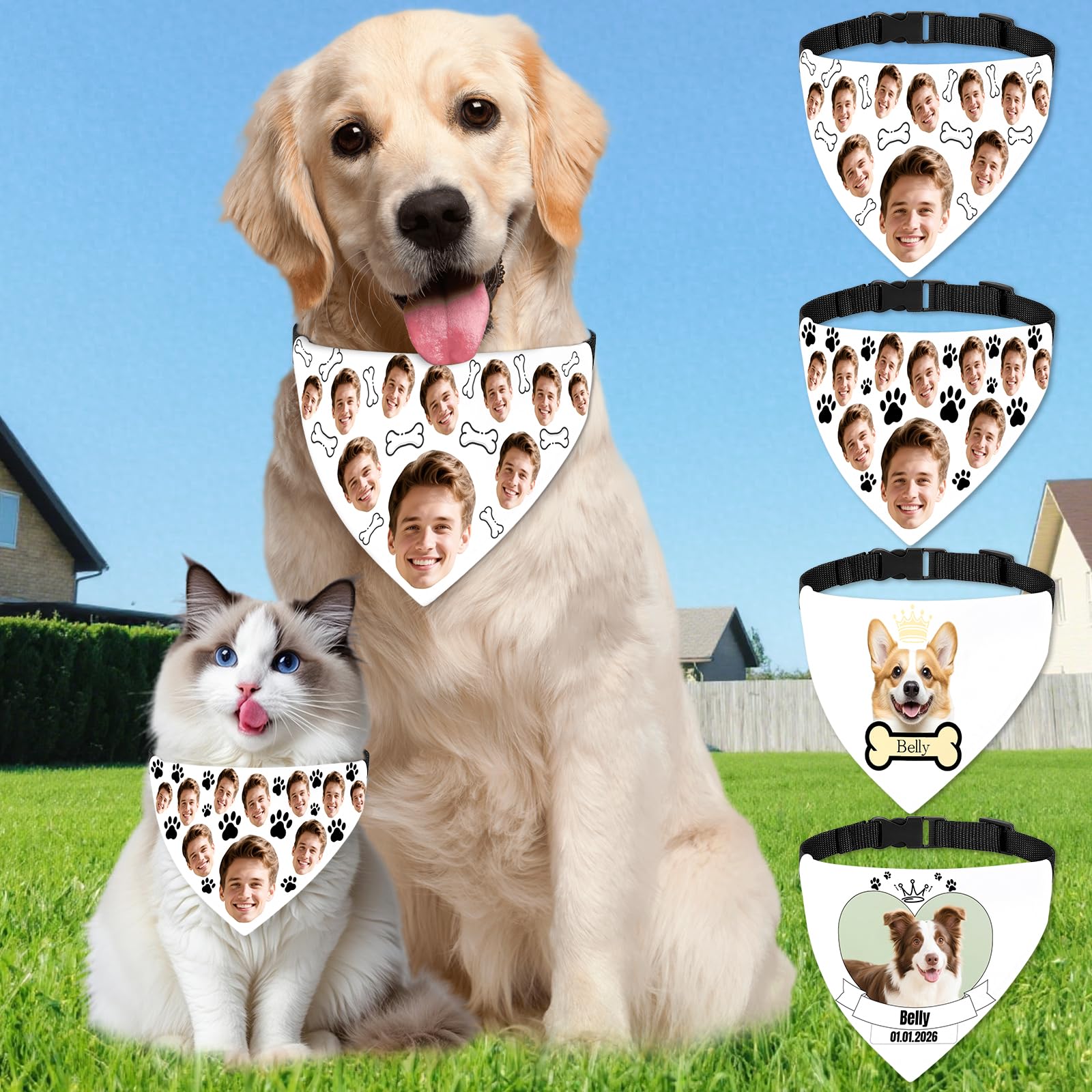 Funny Personalized Dog Bandana Custom Face Design, Custom Dog Bandana with Name, Pet Scarf for Small Medium Large Dogs Personalized Pet Accessories (Funny Style, L)