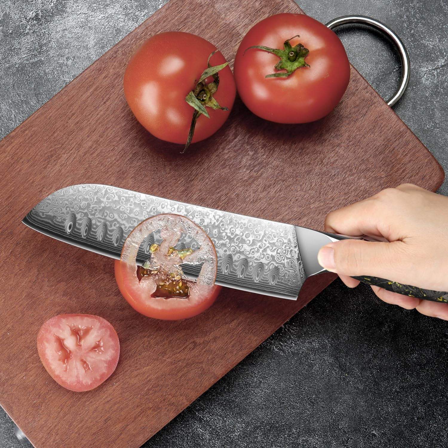 Damascato Coltello da Santoku, Coltello Damasco in 67 Strati di Acciaio Damascato VG-10, Coltello da Cucina Professionale 17.8 cm Lunghezza Lama Extra Affilata, Manico Ergonomico in Resina